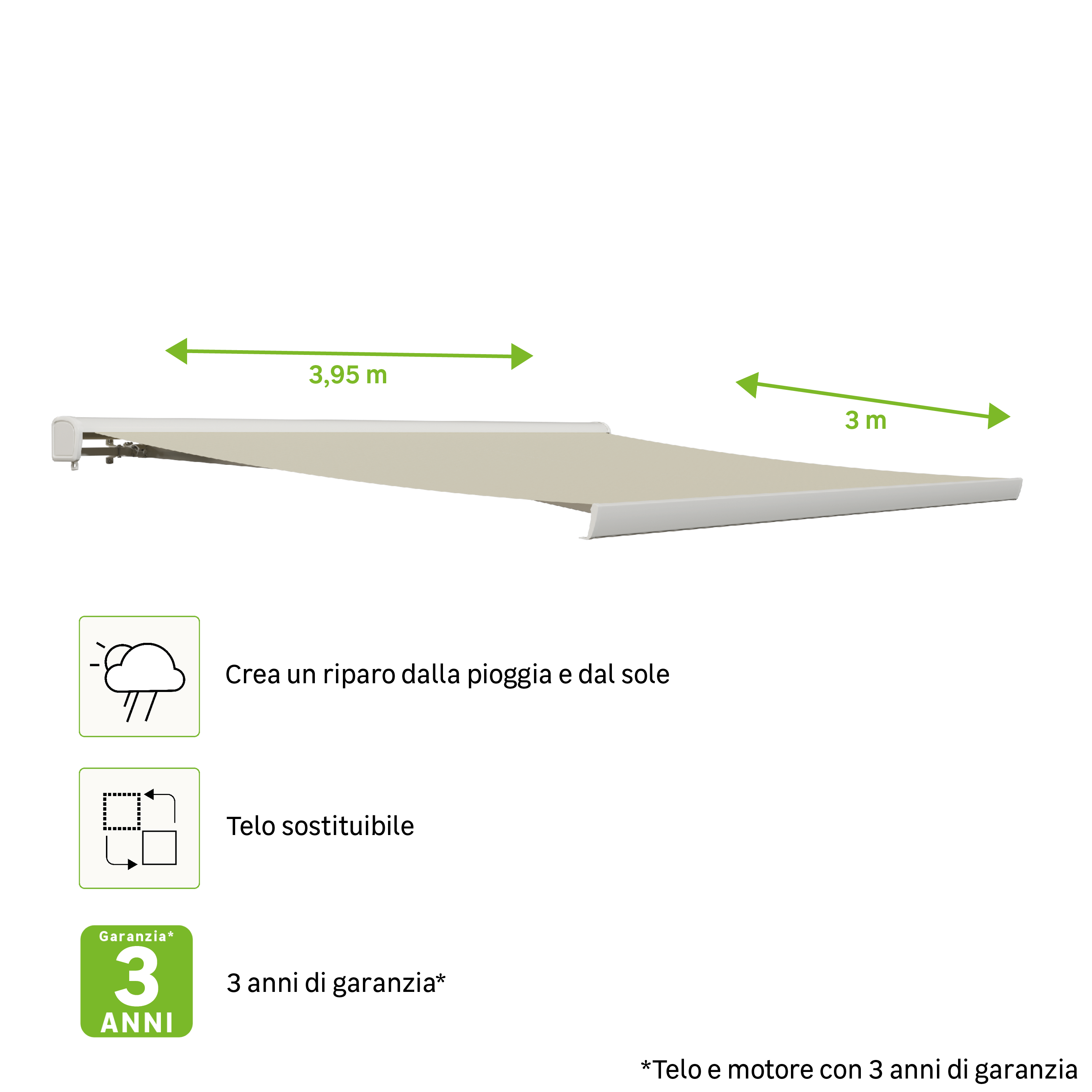 Tenda da sole a bracci estensibili per terrazza, L 3.95 x 3 m, motorizzato, in poliestere, NATERIAL Zefir - 17