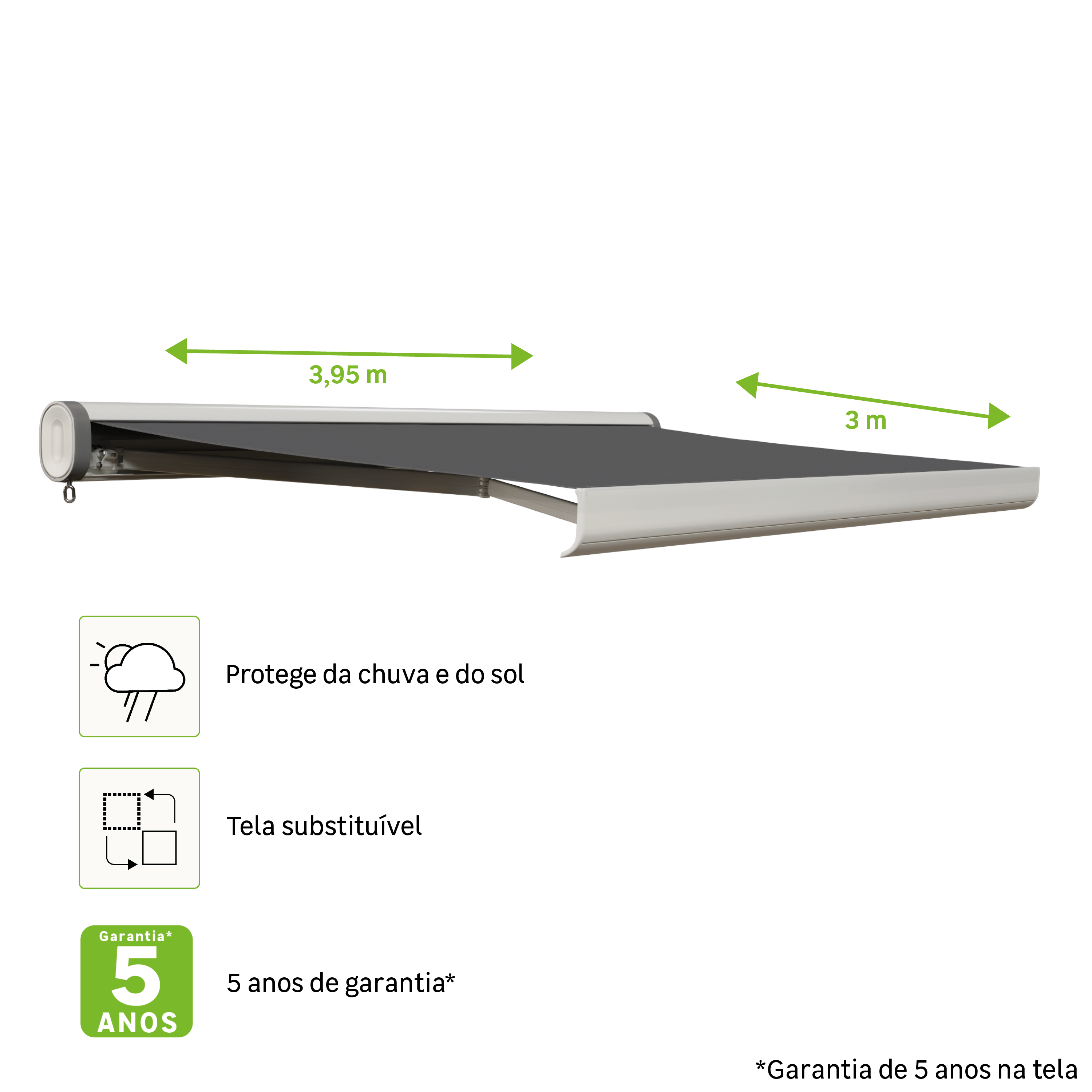 Toldo manual cofre NATERIAL NORI BRANCO COM TELA CINZA 4X3M - 11