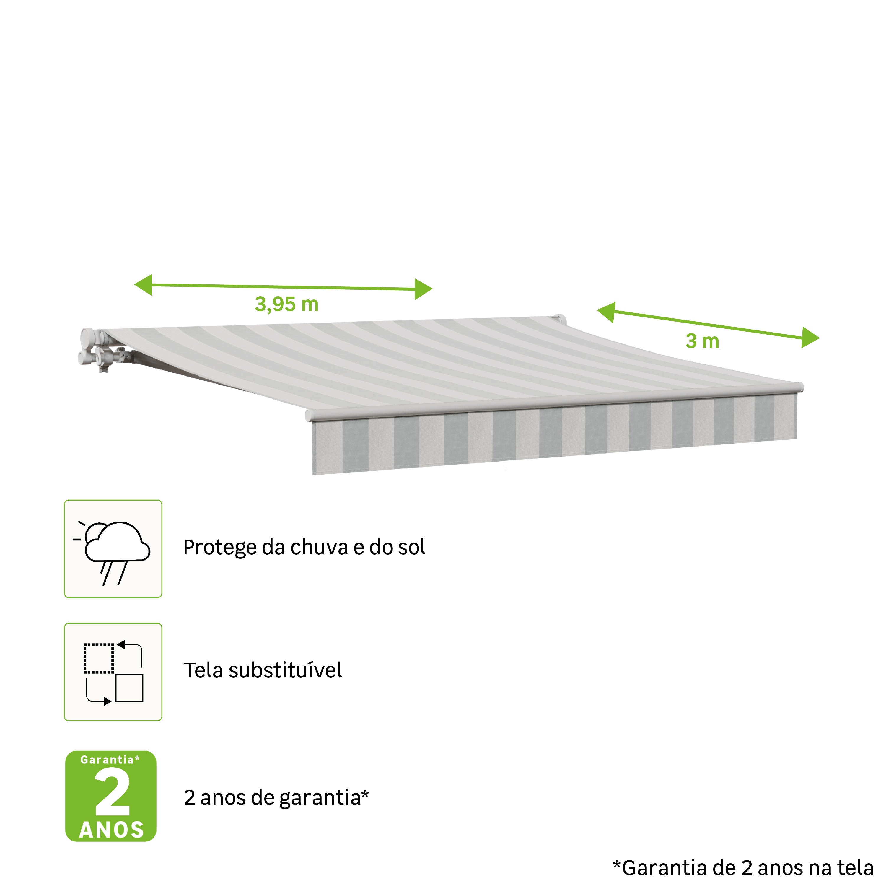 Toldo manual sem caixa branco 3.95x3 m às riscas branco;cinzento Naterial Calima - 9