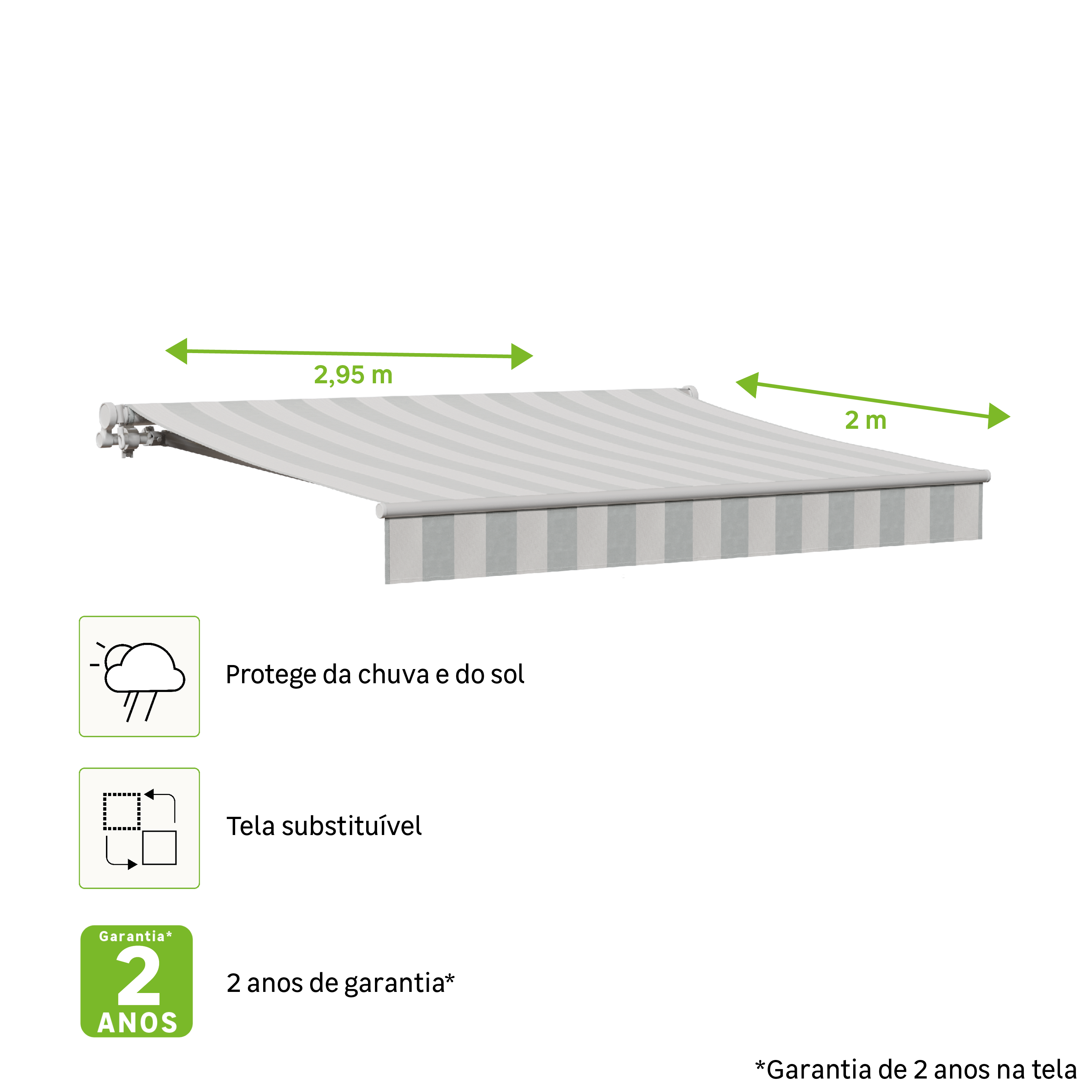 Toldo manual sem caixa branco 2.95x2 m às riscas branco/cinzento Naterial Calima - 2