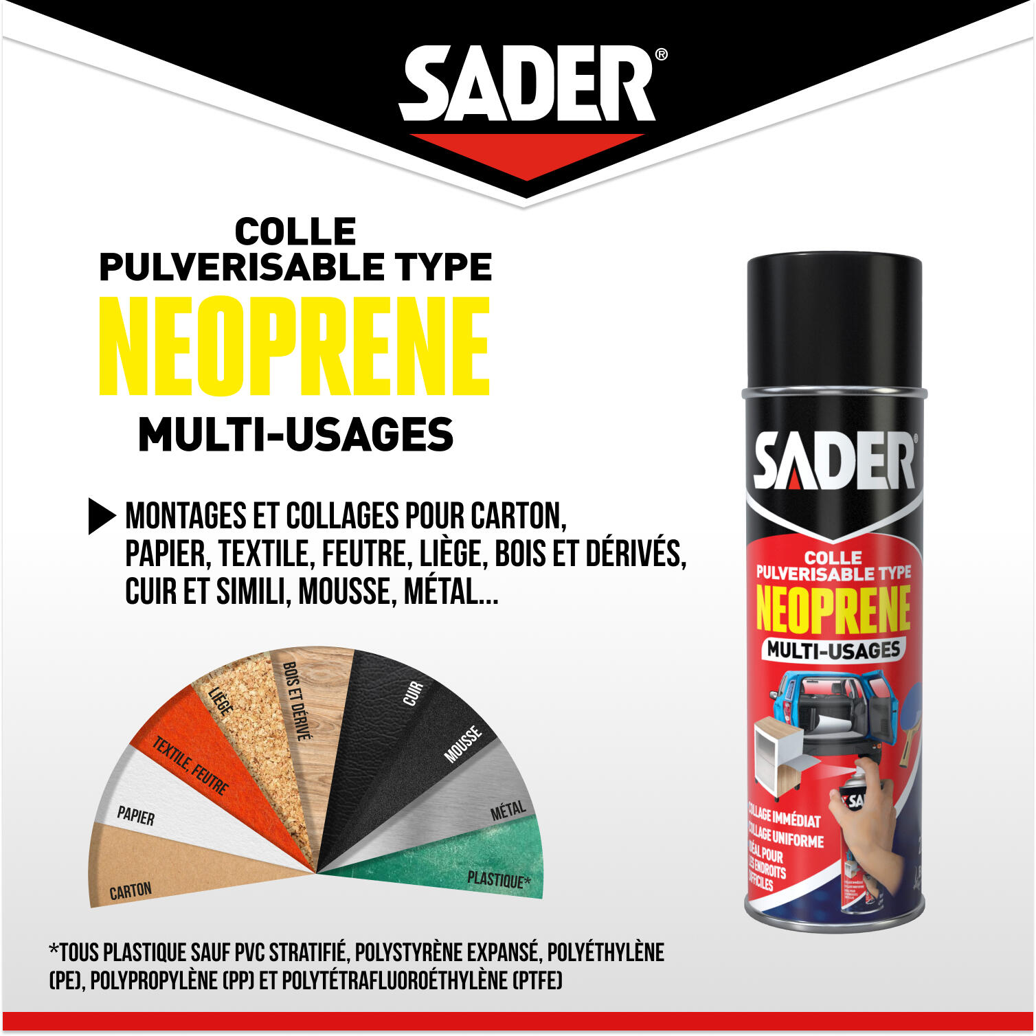 Colle d'assemblage liquide néoprène SADER Aérosol multi-usages blanc, 500ml - 2
