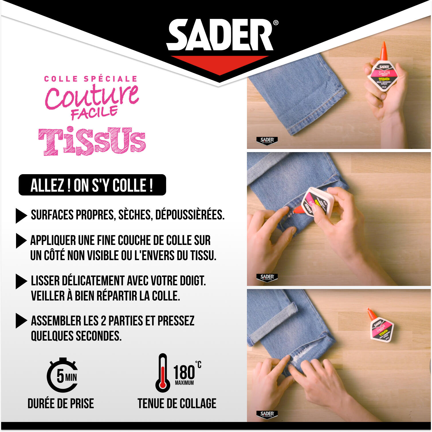 Colle de fixation gel Spéciale couture facile, tissus SADER, 40ml transparent - 5