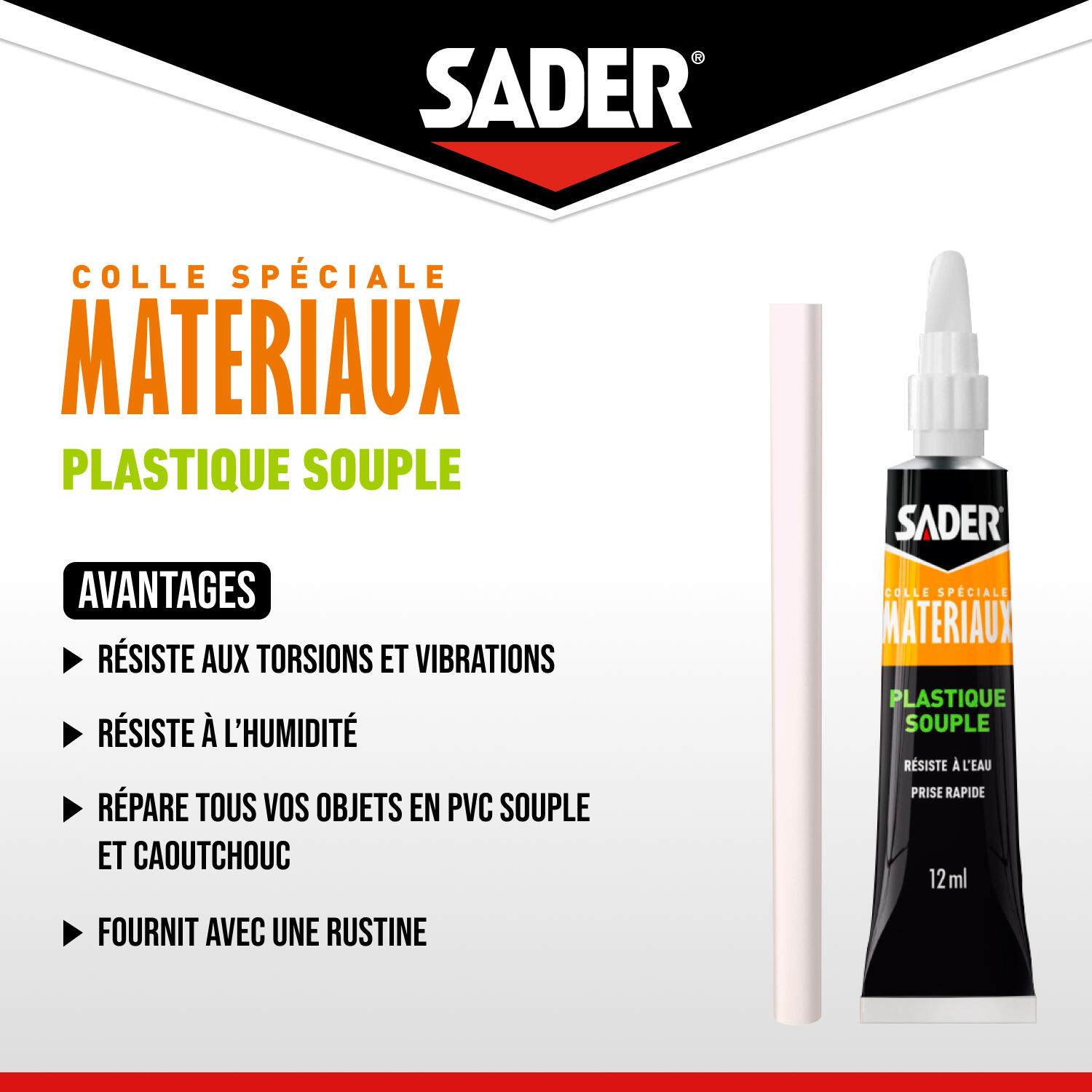 Colle d'assemblage liqui polyuréthane SADER Spécial plastique souple transp 12ml - 5