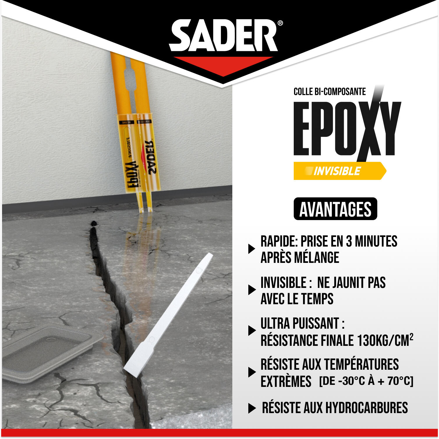 Colle de réparation époxy bi-composants invisible SADER, 25ml transparent - 5