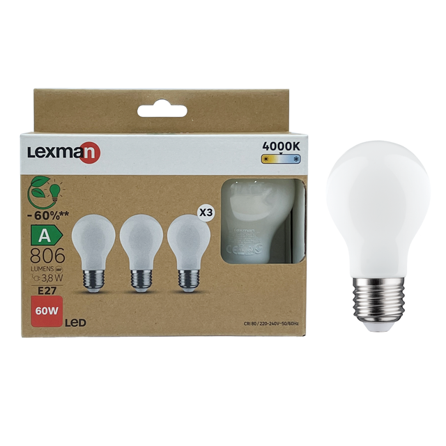 3 ampoules led E27, 806Lm = 60W, classe énergétique A, blanc neutre, LEXMAN