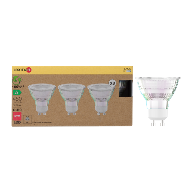 3 ampoules led, réflecteur GU10 450lm, classe énergétique A, blanc chaud, LEXMAN