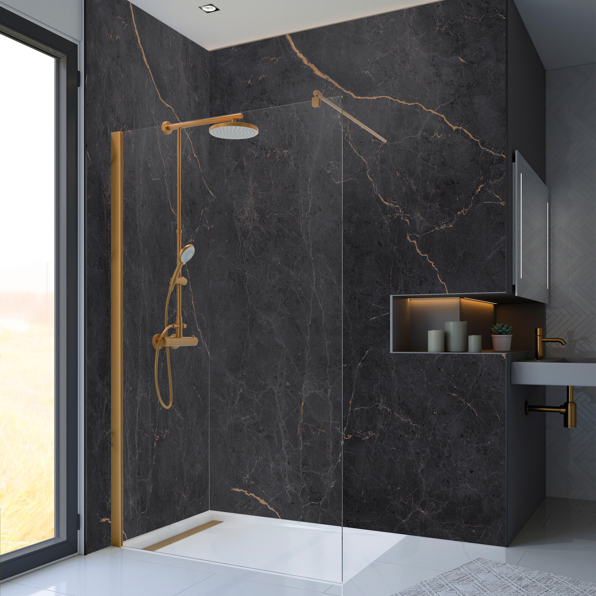 Panneau mural déco H.255 x l.100 cm marbre carrare noir cuivre satin BREUER - 2