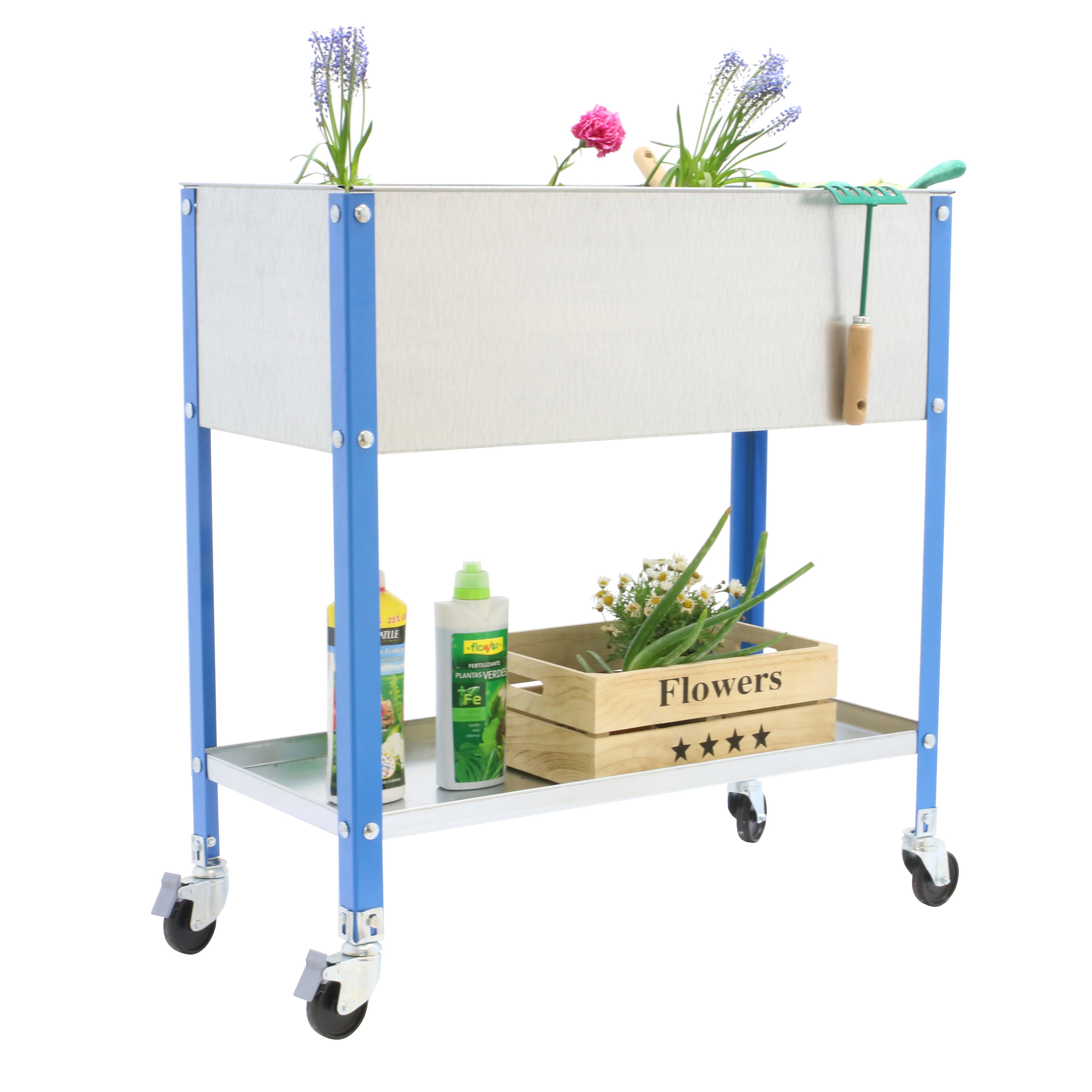Huerto urbano alto de acero azul con ruedas 90x60 cm