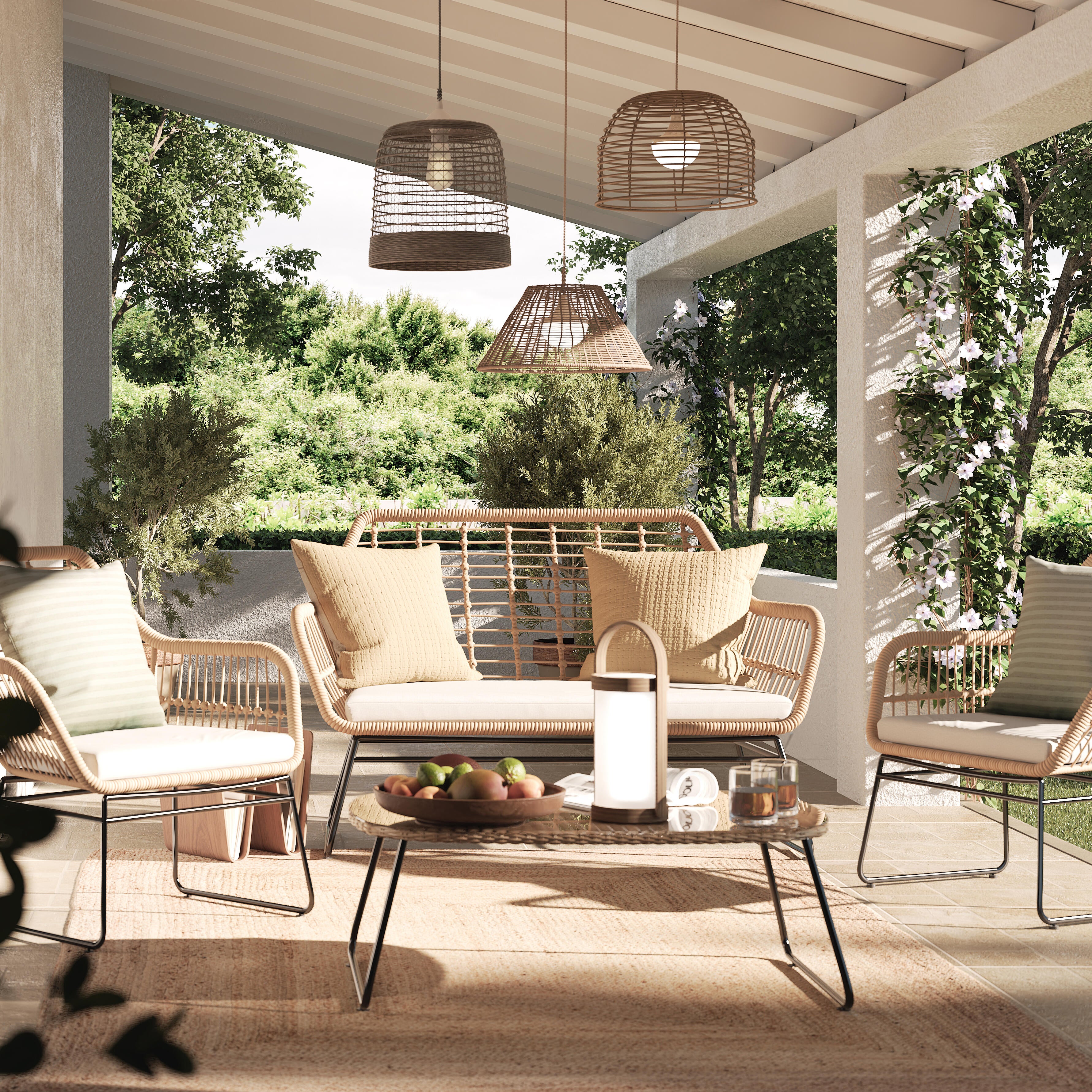 Salotto da giardino per 4 persone beige Bambù con cuscini in poliestere beige - 6