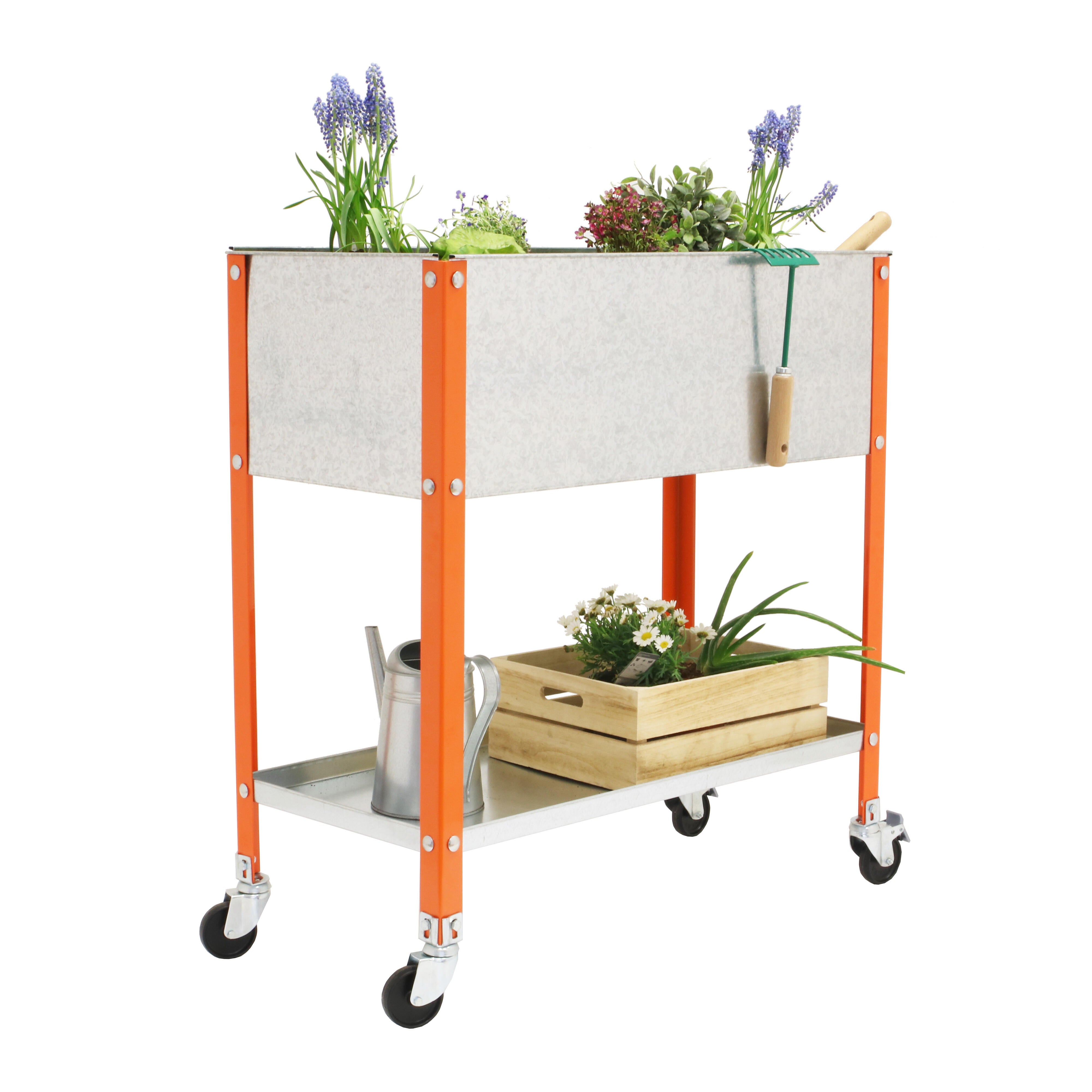 Huerto urbano alto de acero naranja con ruedas 90x40 cm