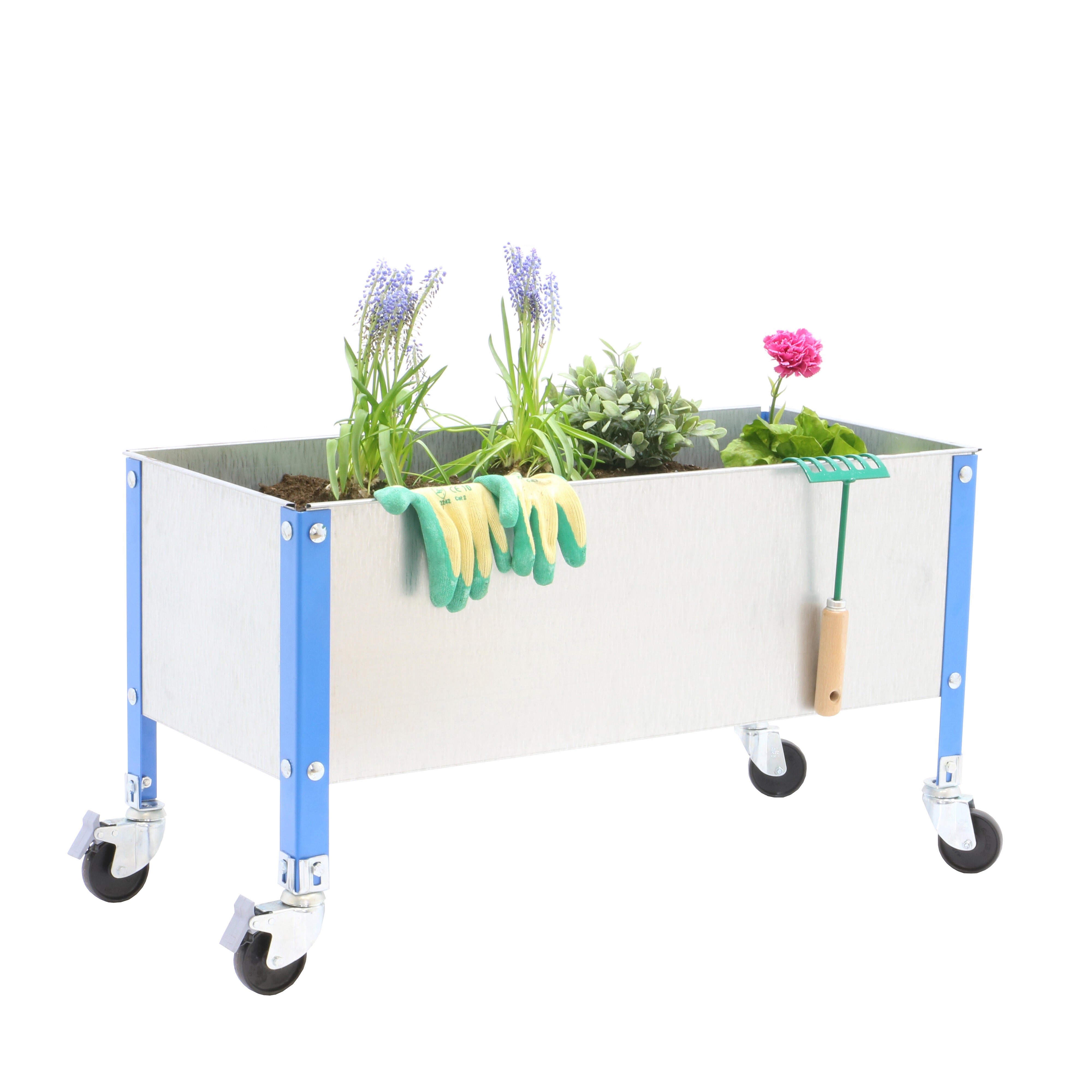 Huerto urbano de acero azul con ruedas 90x60 cm
