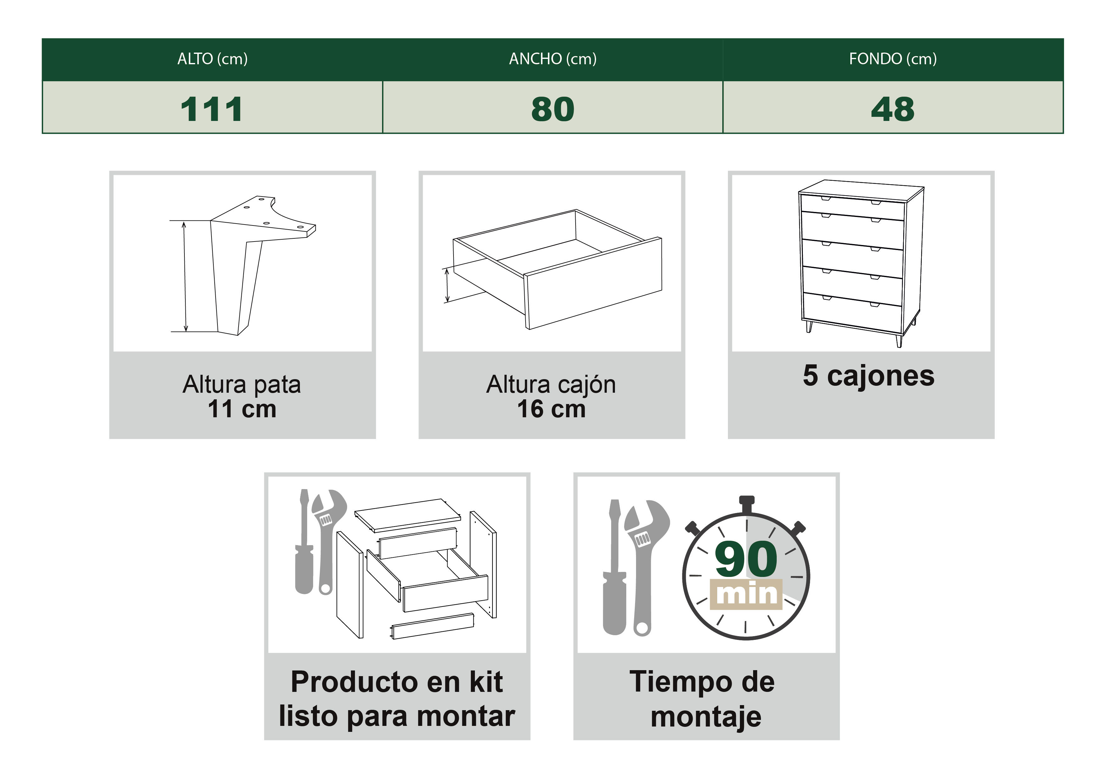 Cómoda Home Eria blanca roble con 5 cajones de 80.2x110.6x48 cm - 7