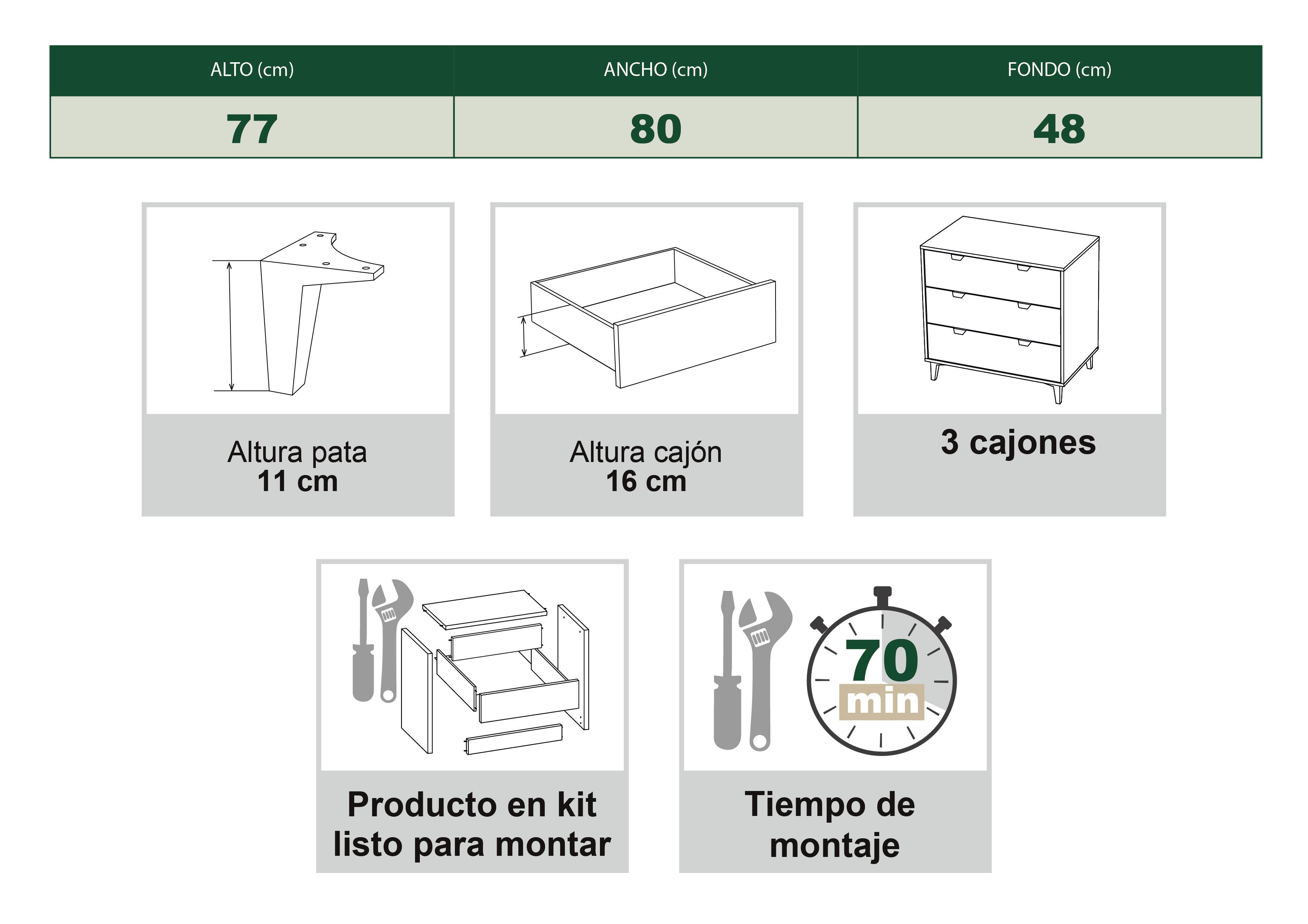 Cómoda Home Eria blanca roble con 3 cajones de 80.2x77.2x48 cm - 11
