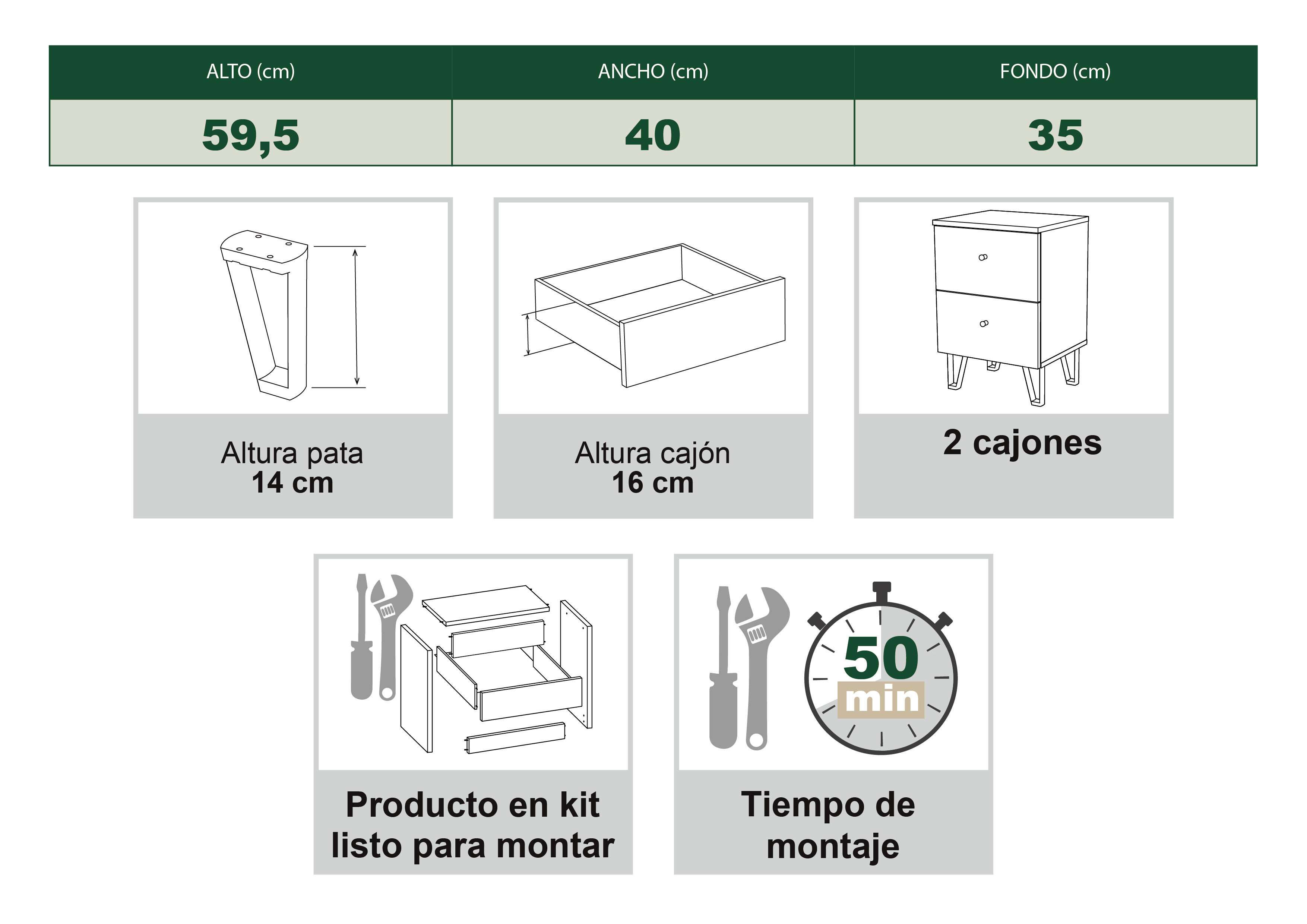 Cajonera de frente cerrado con 2 cajón/es de 40.2x59.4x35 cm - 11