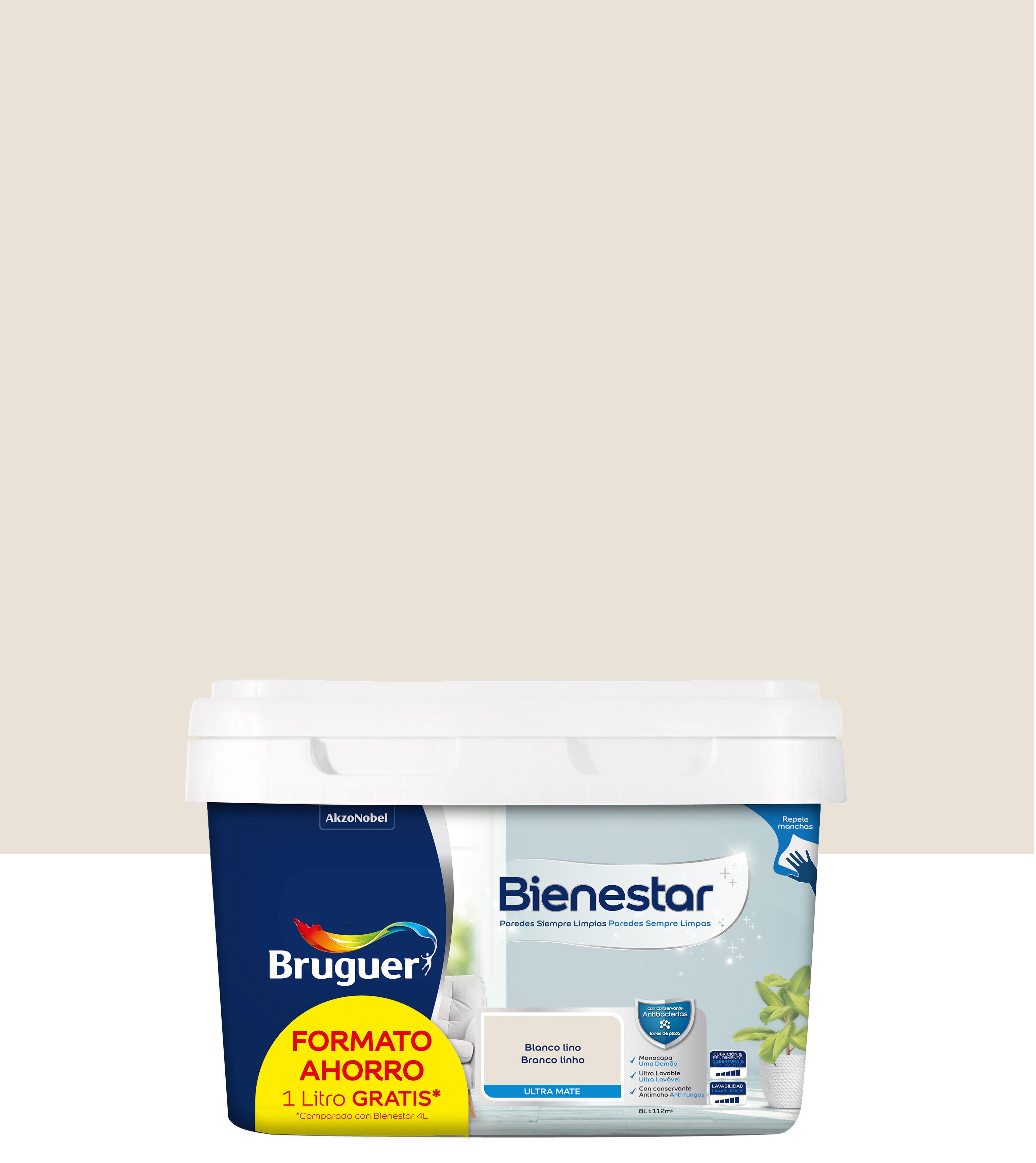 Pintura interior bienestar bruguer mate formato ahorro 8l blanco lino