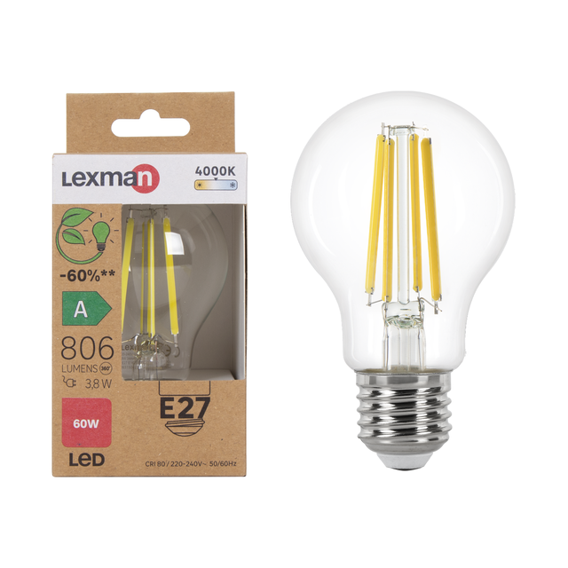 Ampoule led, E27, 806lm = 60W, classe énergétique A, blanc neutre, LEXMAN