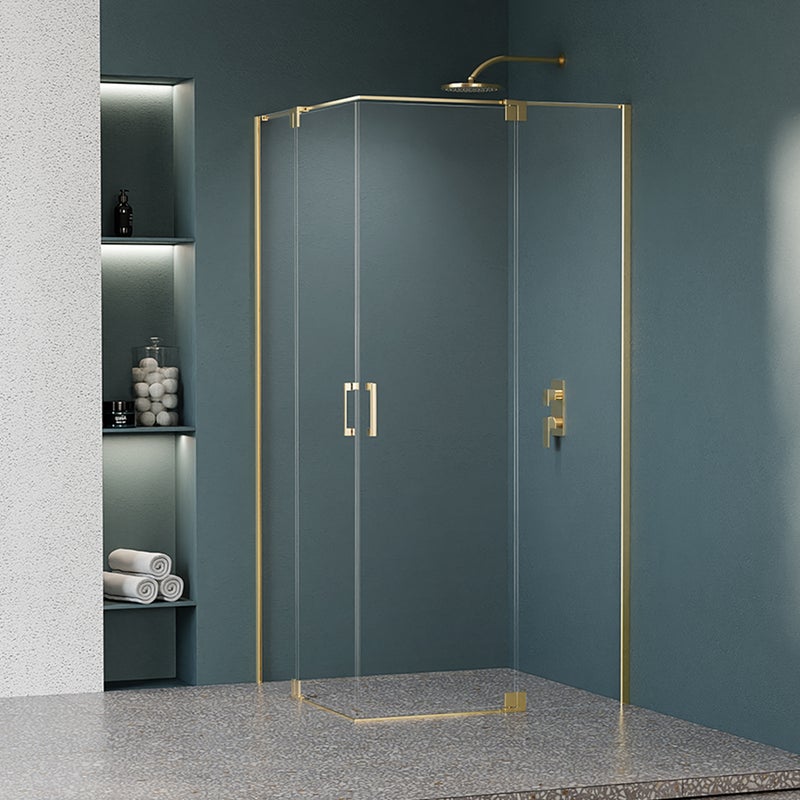 Kabina prysznicowa kwadratowa dwuskrzydłowa uchylna Swing Gold 100 x 100 x 200 cm złota szkło transparentne Wellneo