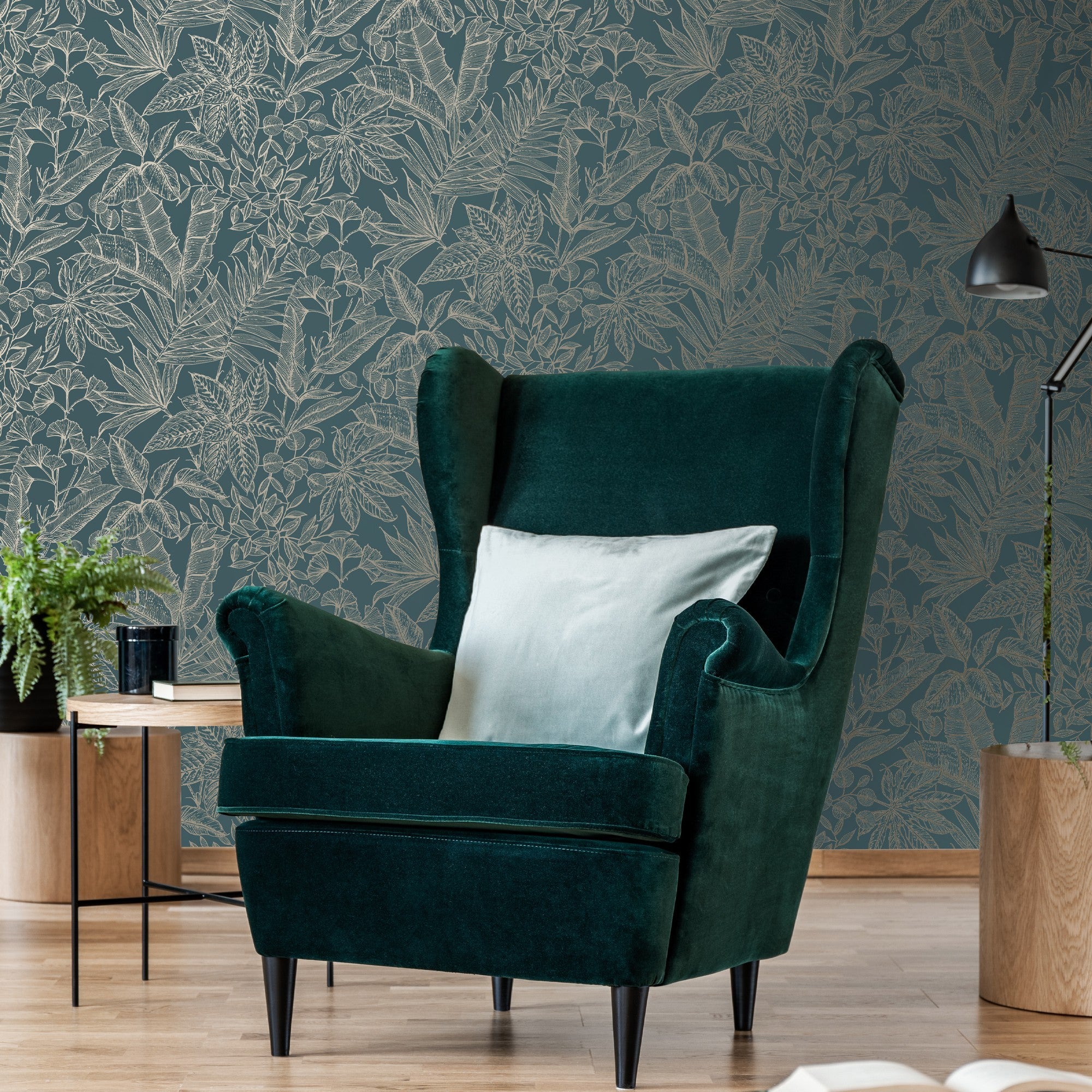 Papel pintado vinilo botánico, plantas o floral hojas azul