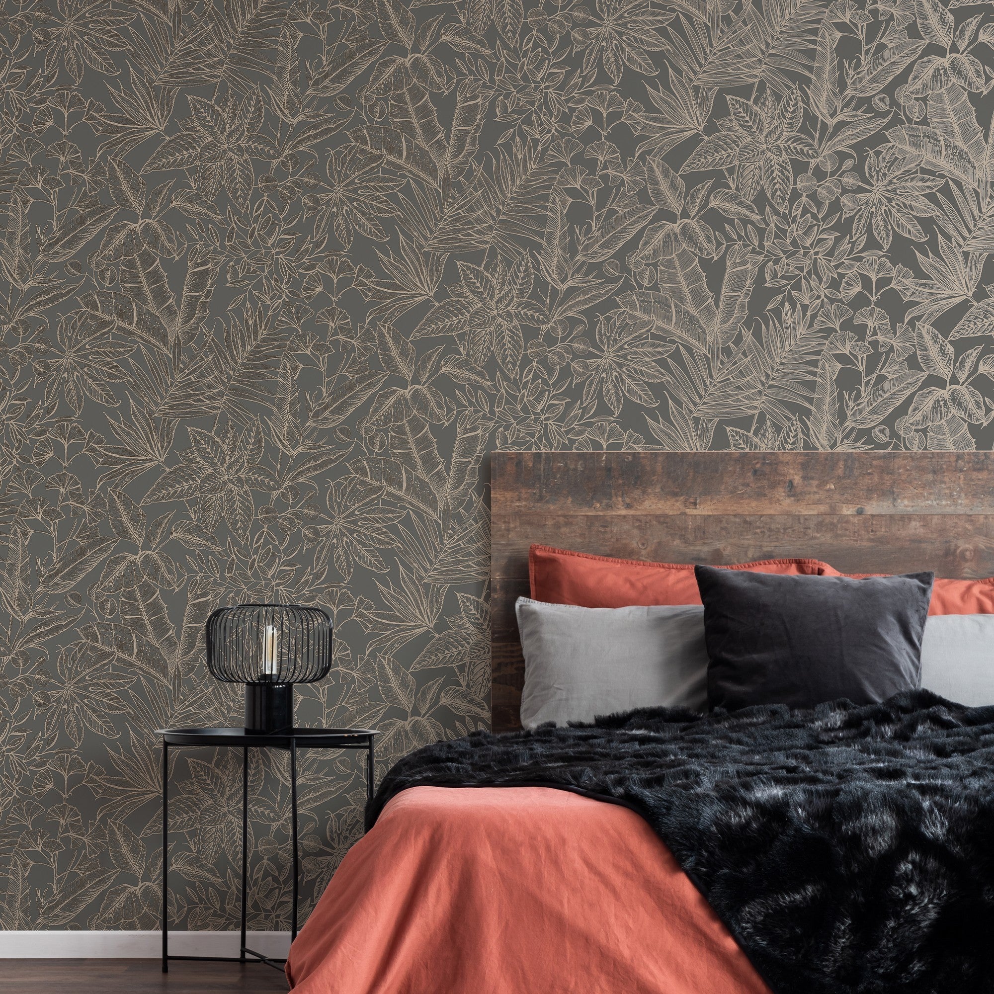 Papel pintado vinilo botánico, plantas o floral hojas marrón
