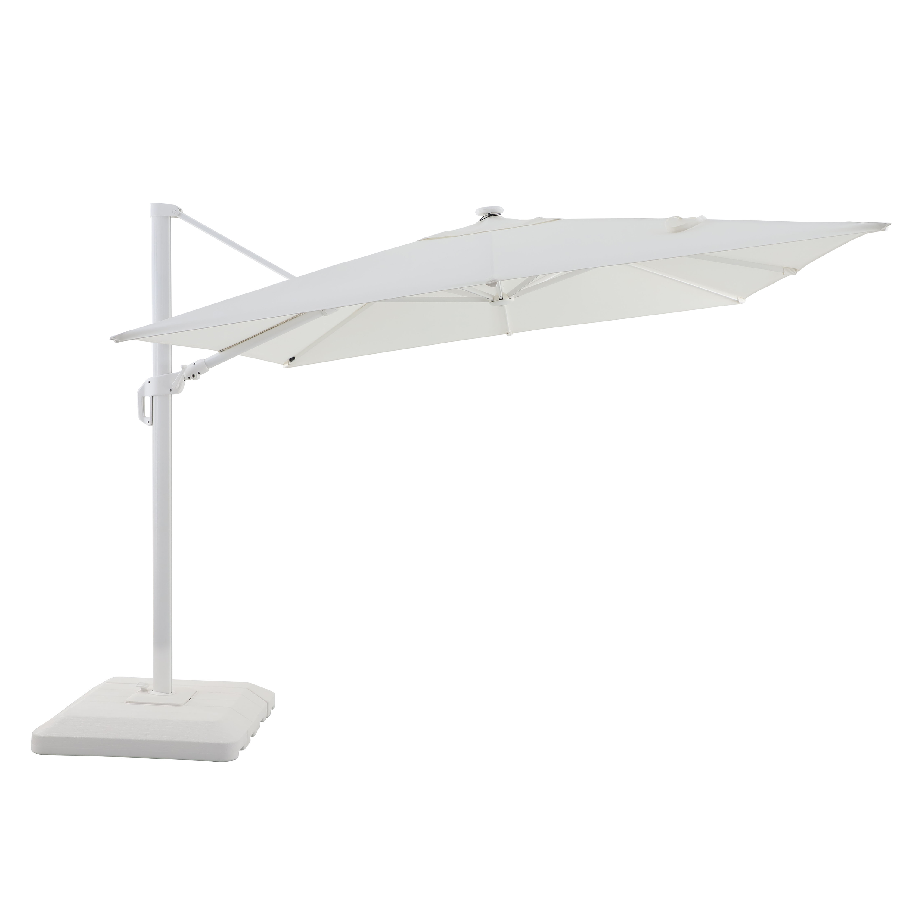 Parasol excéntrico cuadrado naterial sonora led de aluminio blanco 290x290 cm + 4 pies de parasol gomo cuadrado de cemento de 26 kg