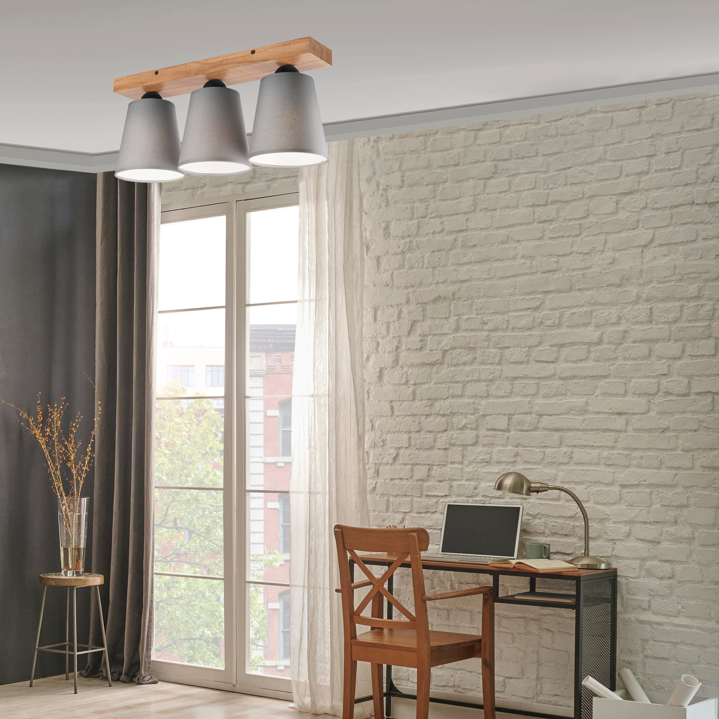 Lampa sufitowa Lula szara z drewnem 3 x E27 Lamkur - 3