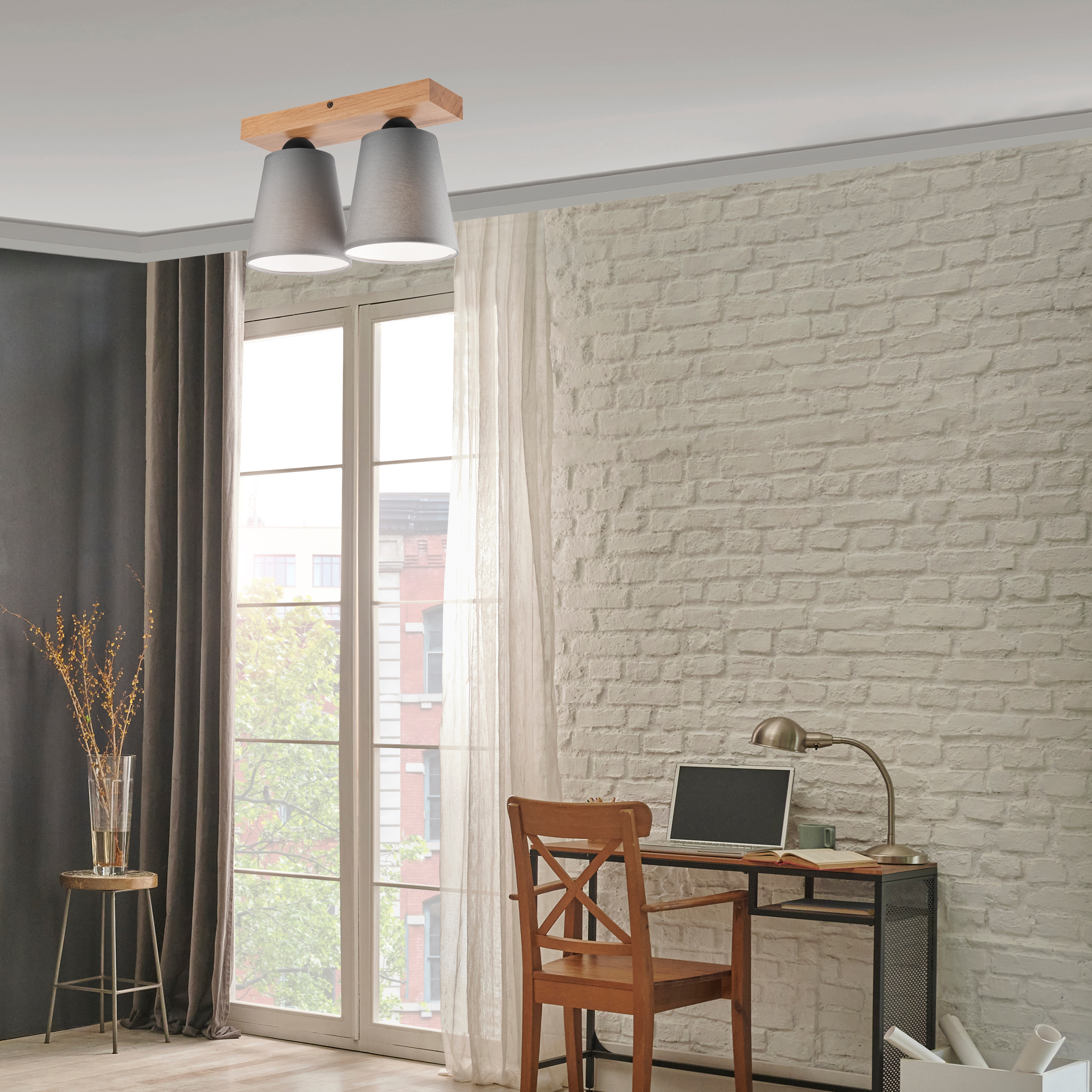 Lampa sufitowa Lula szara z drewnem 2 x E27 Lamkur - 2