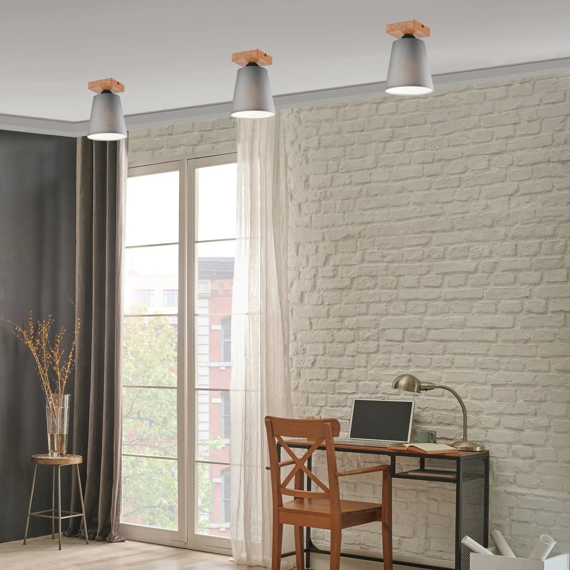 Lampa sufitowa Lula szara z drewnem E27 Lamkur - 4