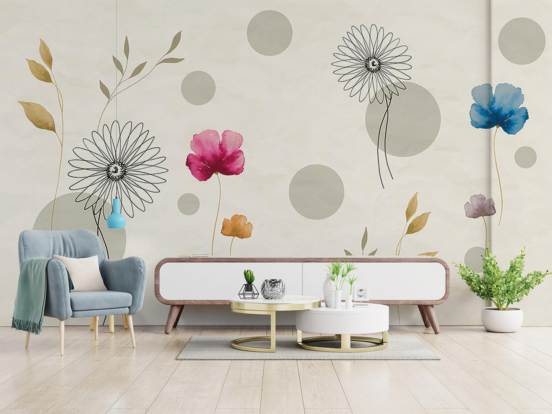 Mural no tejido naturaleza prado flores beige de 510 x 300 cm zambaiti