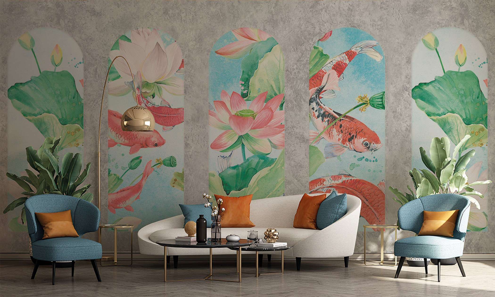 Mural no tejido animales flores grandes naranja de 510 x 300 cm zambaiti