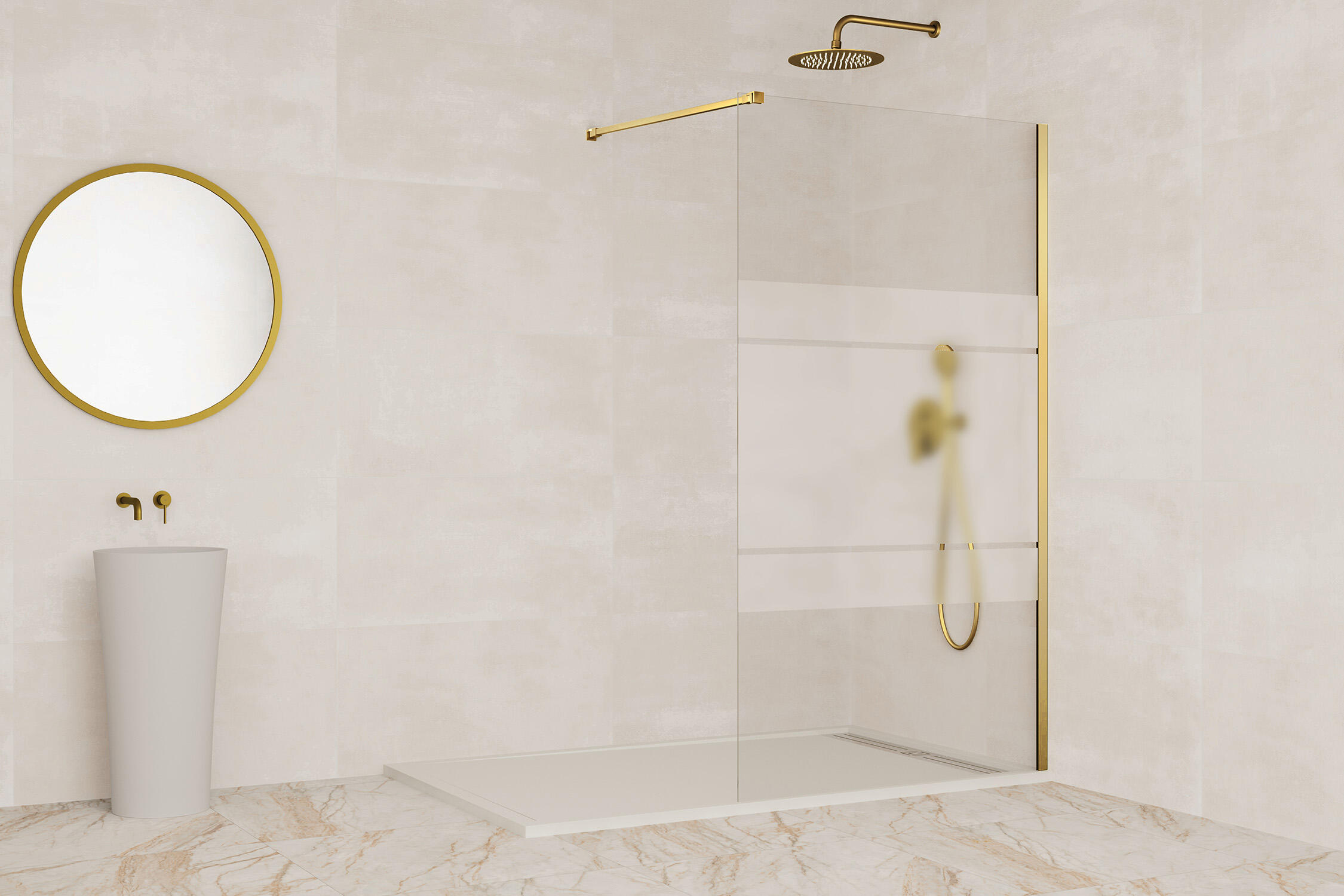 Mampara de ducha fija serigrafiada fix perfil acero inoxidable dorado (108-110)x195 cm cristal de 8mm reversible 1 barra de estabilización 120 cm (recortable) a pared gme