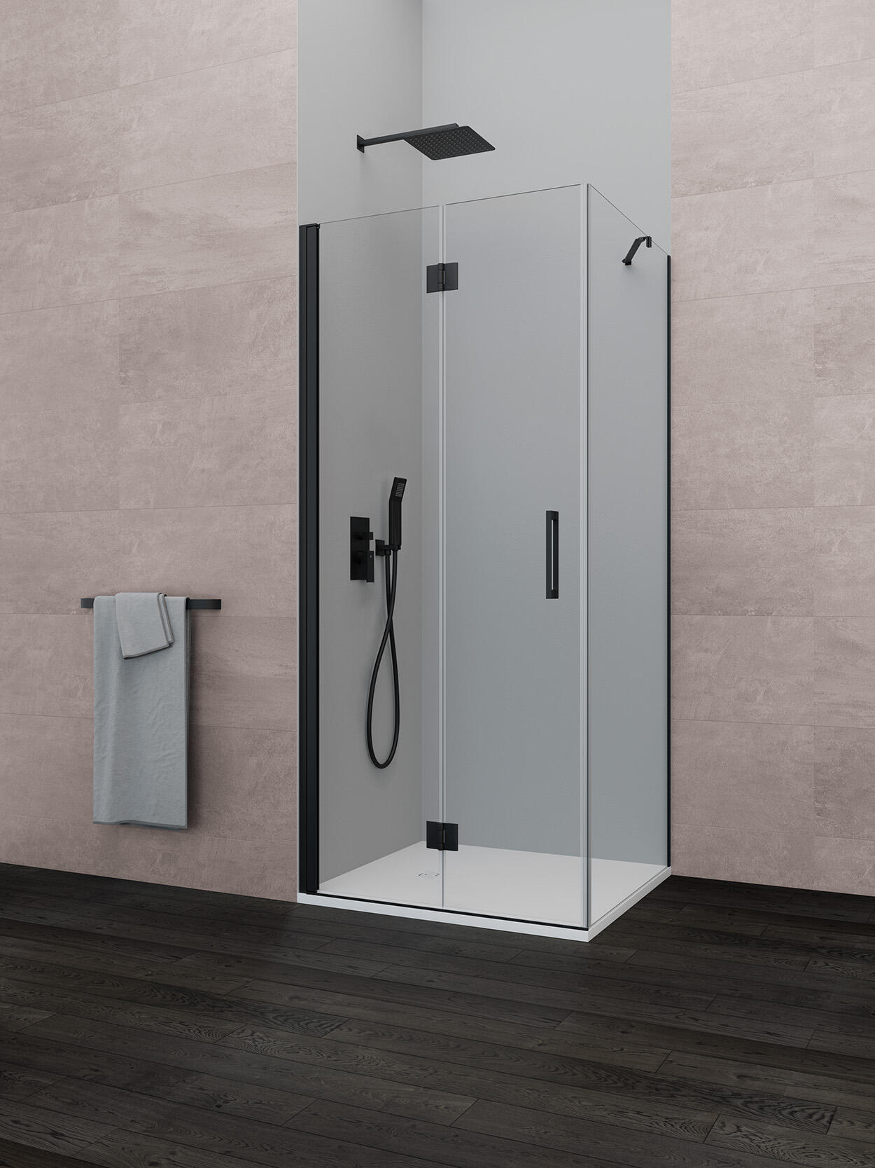 Mampara de ducha frontal con panel fijo lateral plegable transparente fold perfil negro (97-98.5)+90 x195 cm