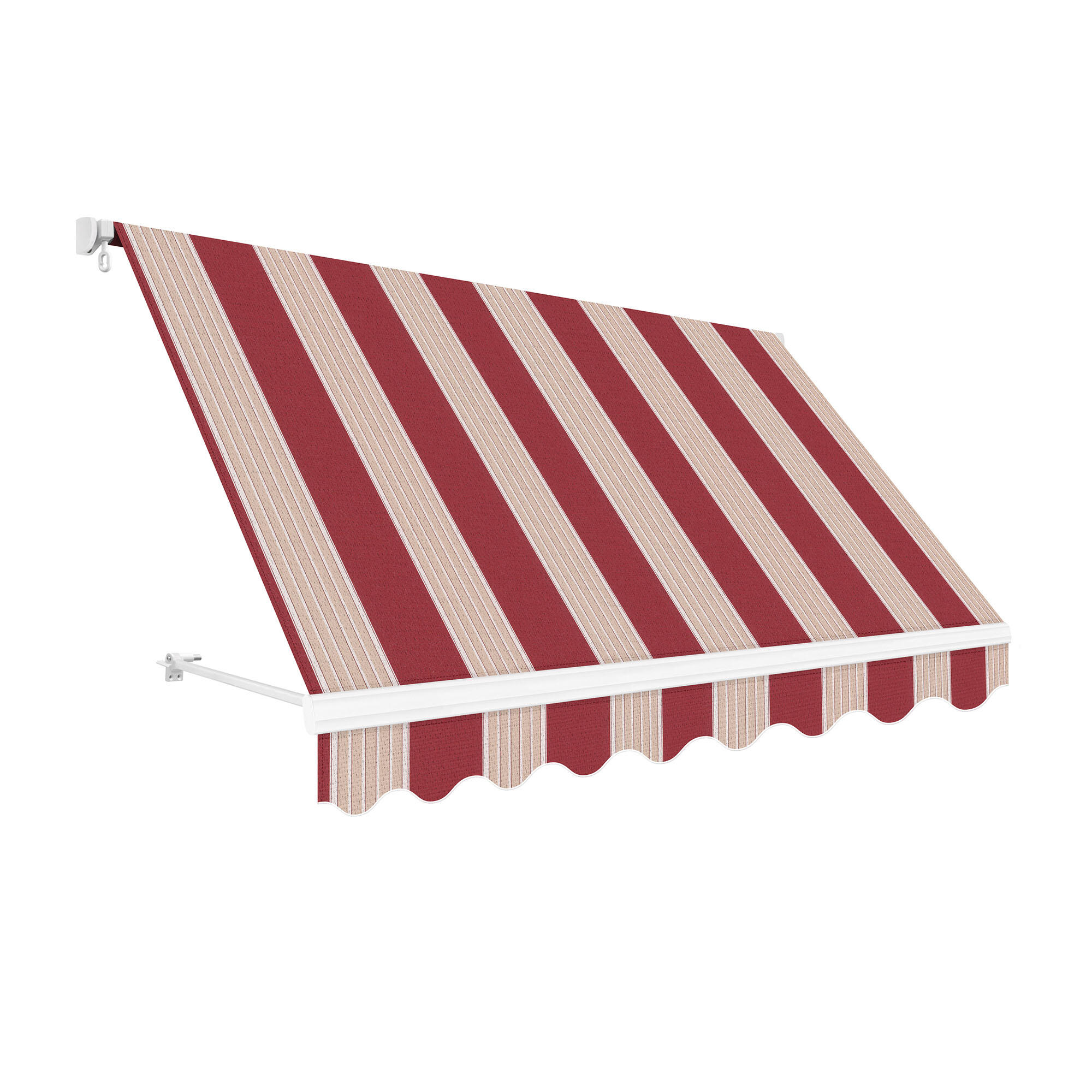 Toldo brazo estor 3x2.5m para balcón kronos estructura blanca manual con manivela tela poliéster rayas beige/granate