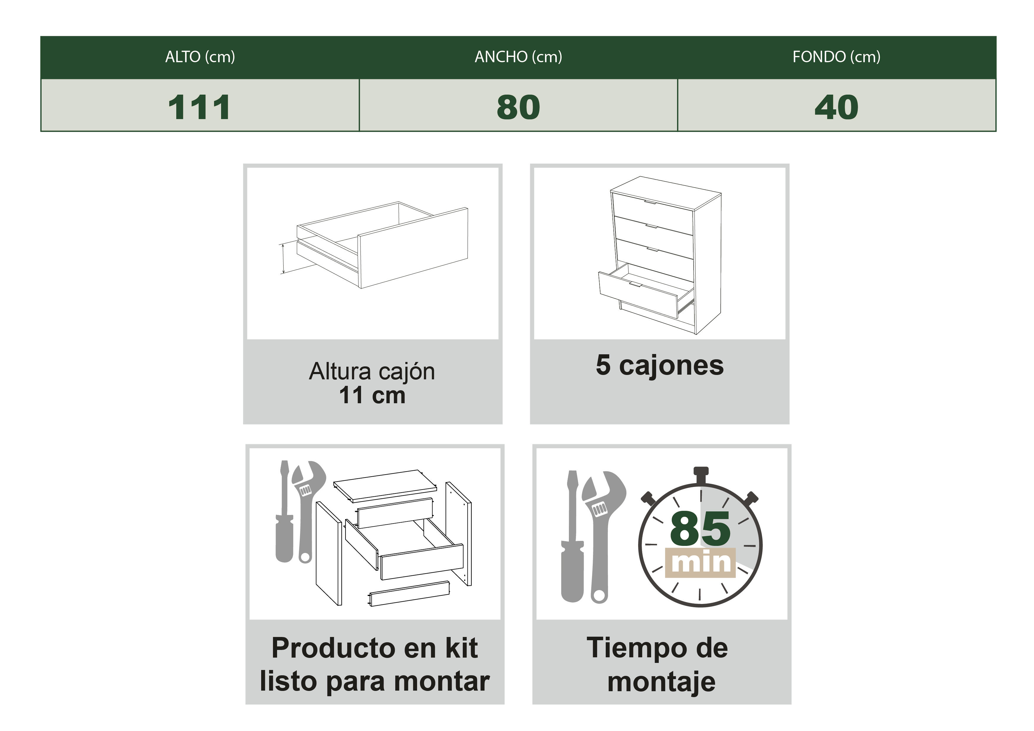 Cómoda Home Deva blanca con 5 cajones de 80x111x40 cm - 9