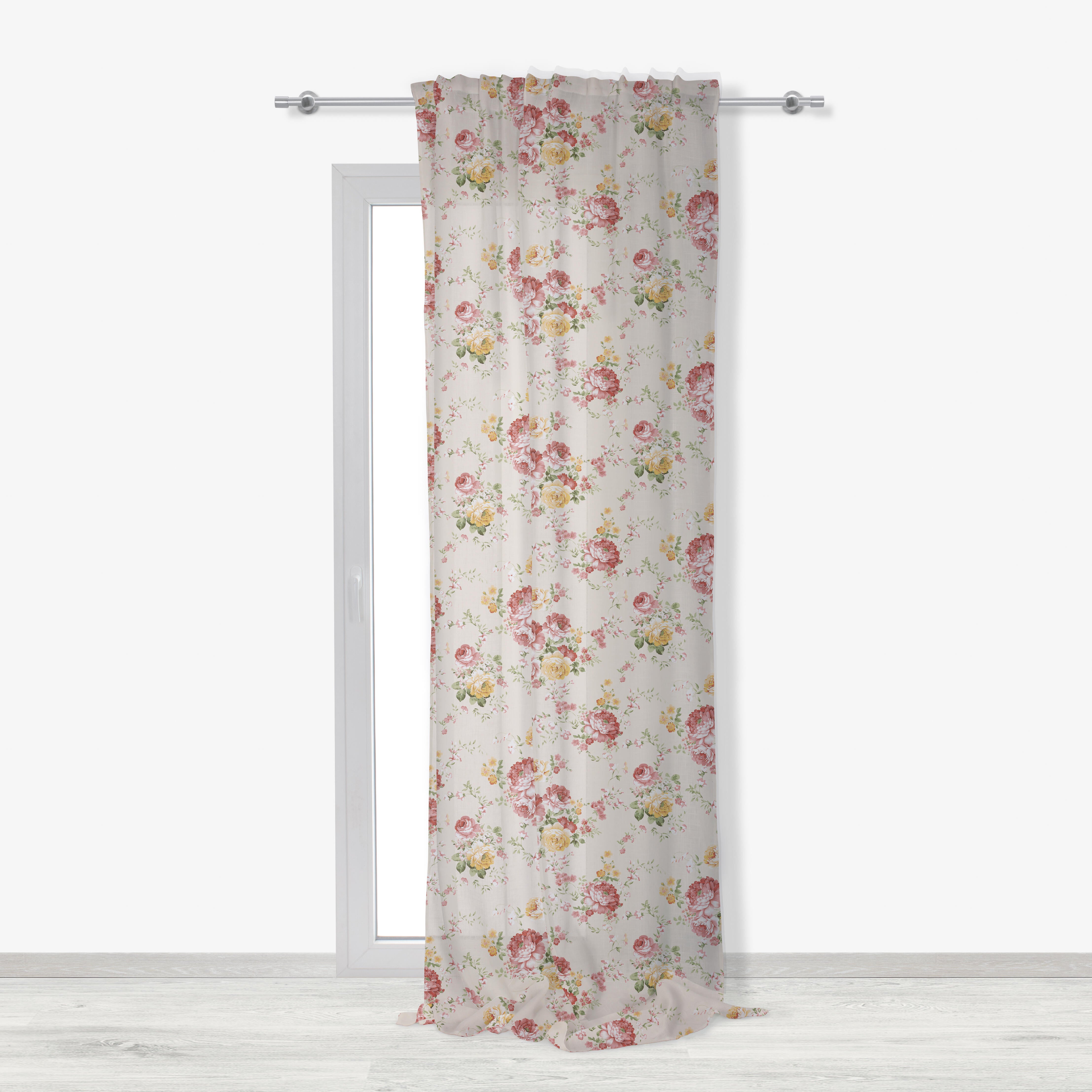 Tenda A Pannello Con Passanti Fashion&Joy | 45x150 Cm | Voile Bianco Ricamato Con Fiori Rosa E Nastro Madreperla - 4
