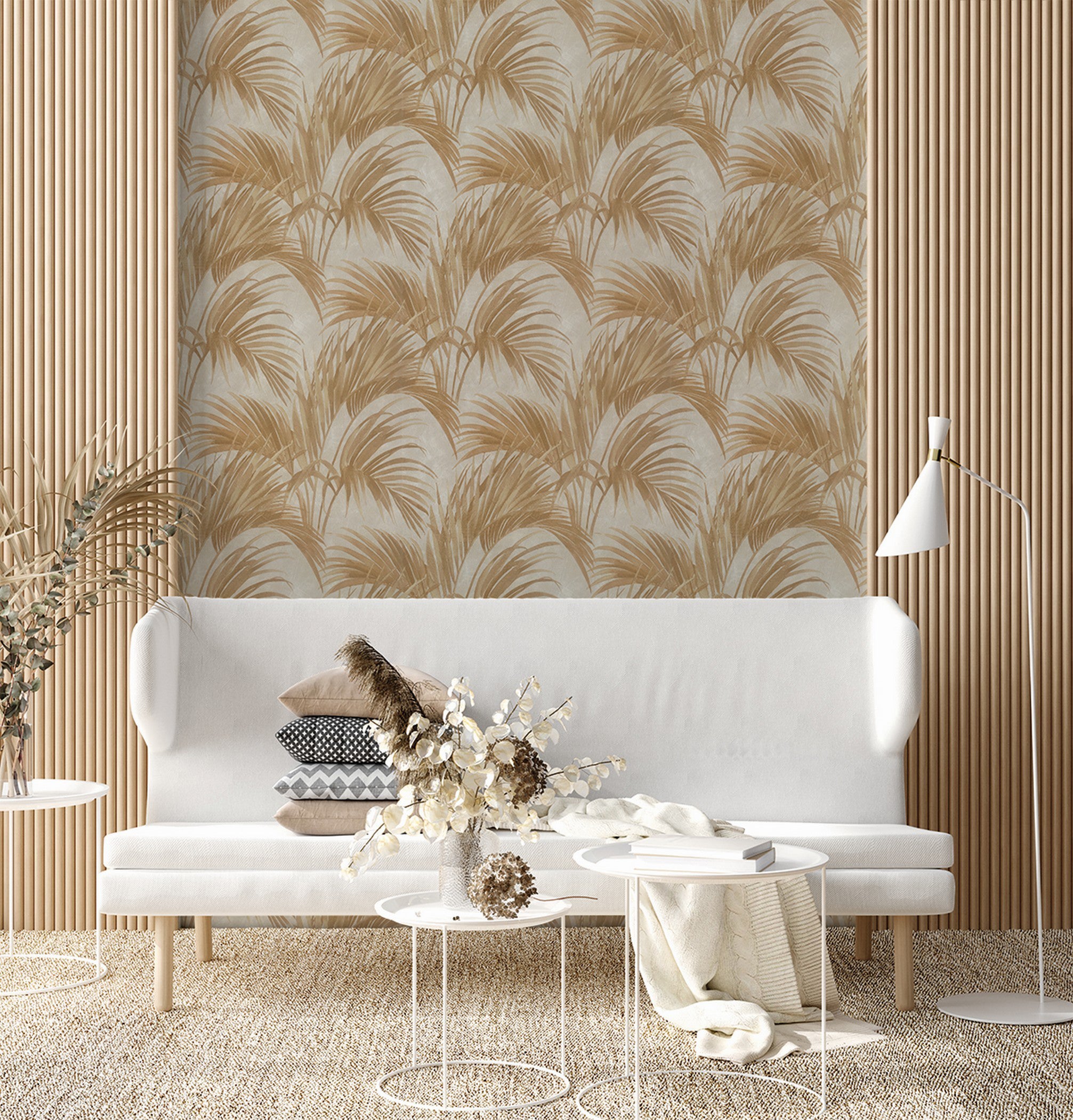 Papel pintado vinilo hojas palma kentia marrón