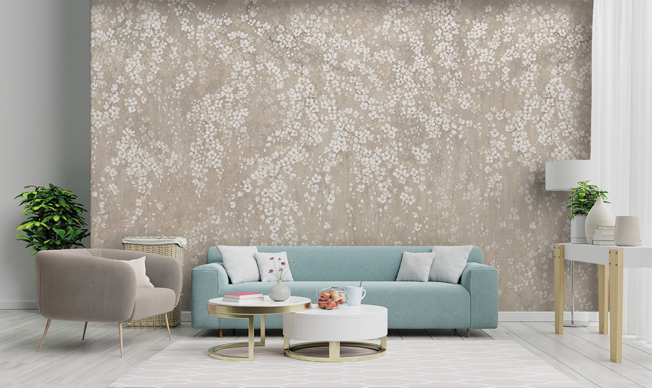 Mural no tejido naturaleza flores grandes beige de 510 x 300 cm zambaiti
