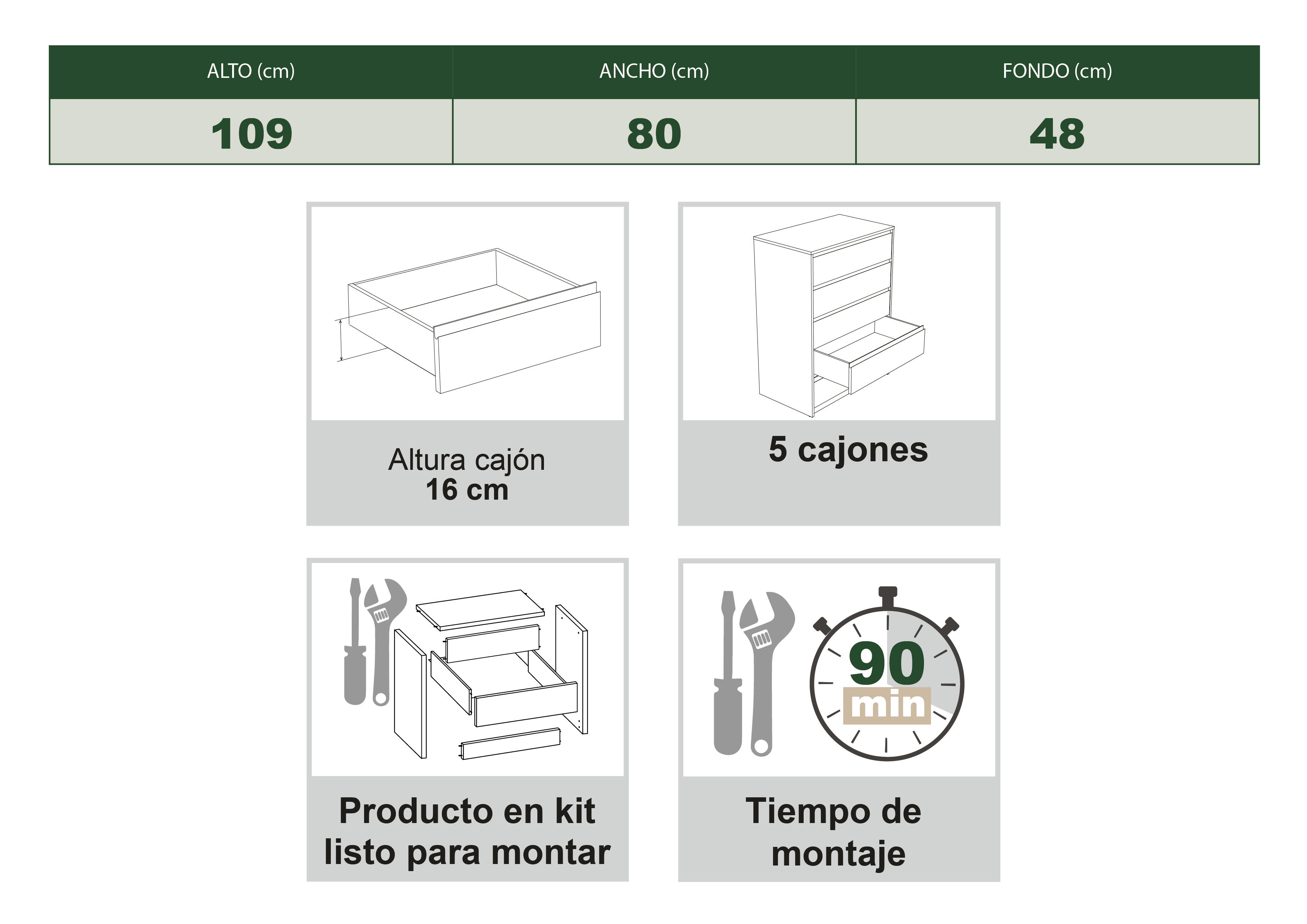 Cómoda Home Tera roble con 5 cajones de 80x109x48 cm - 9