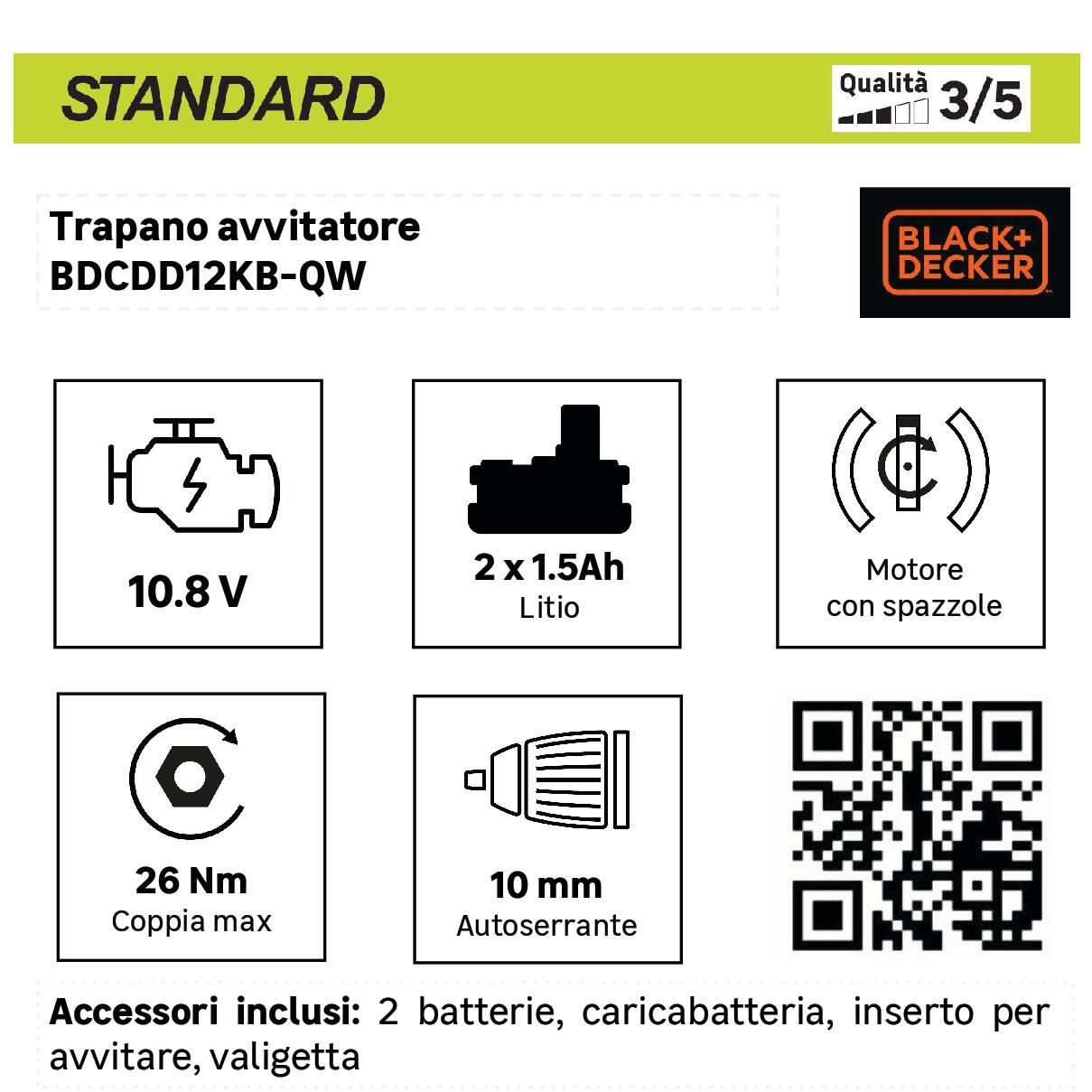 Avvitatore a batteria BLACK + DECKER BDCDD12KB-QW 10.8V 1.5Ah, 2 batterie + valigetta in plastica - 22