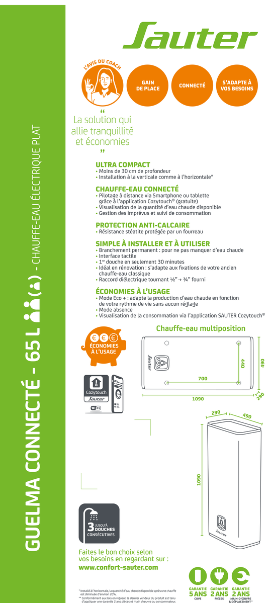 Chauffe-eau électrique plat horizontal/vertical SAUTER Guelma connecté 65L blanc - 10