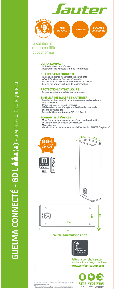 Chauffe-eau électrique plat horizontal/vertical SAUTER Guelma connecté 80L blanc - 10