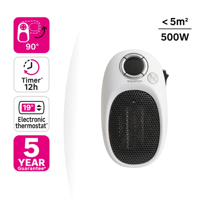 miniaquecedor auxiliar cerâmico ligado a uma tomada com temporizador e termóstato eletrónico com garantia de 5 anos Plugy 2 Equation aquecimento 500W
