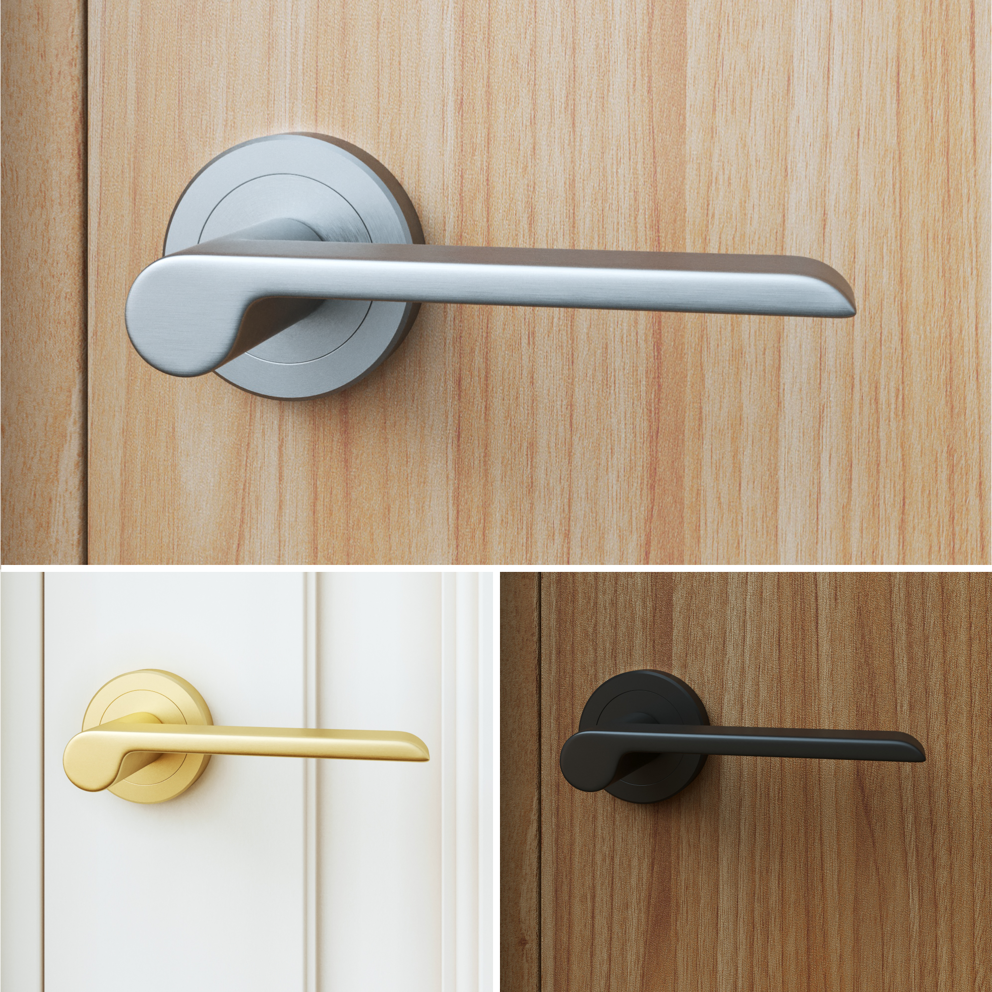 Poignée de porte sur rosace Birdie disponible en trois finitions : nickel, noir mat et laiton brossé - 3