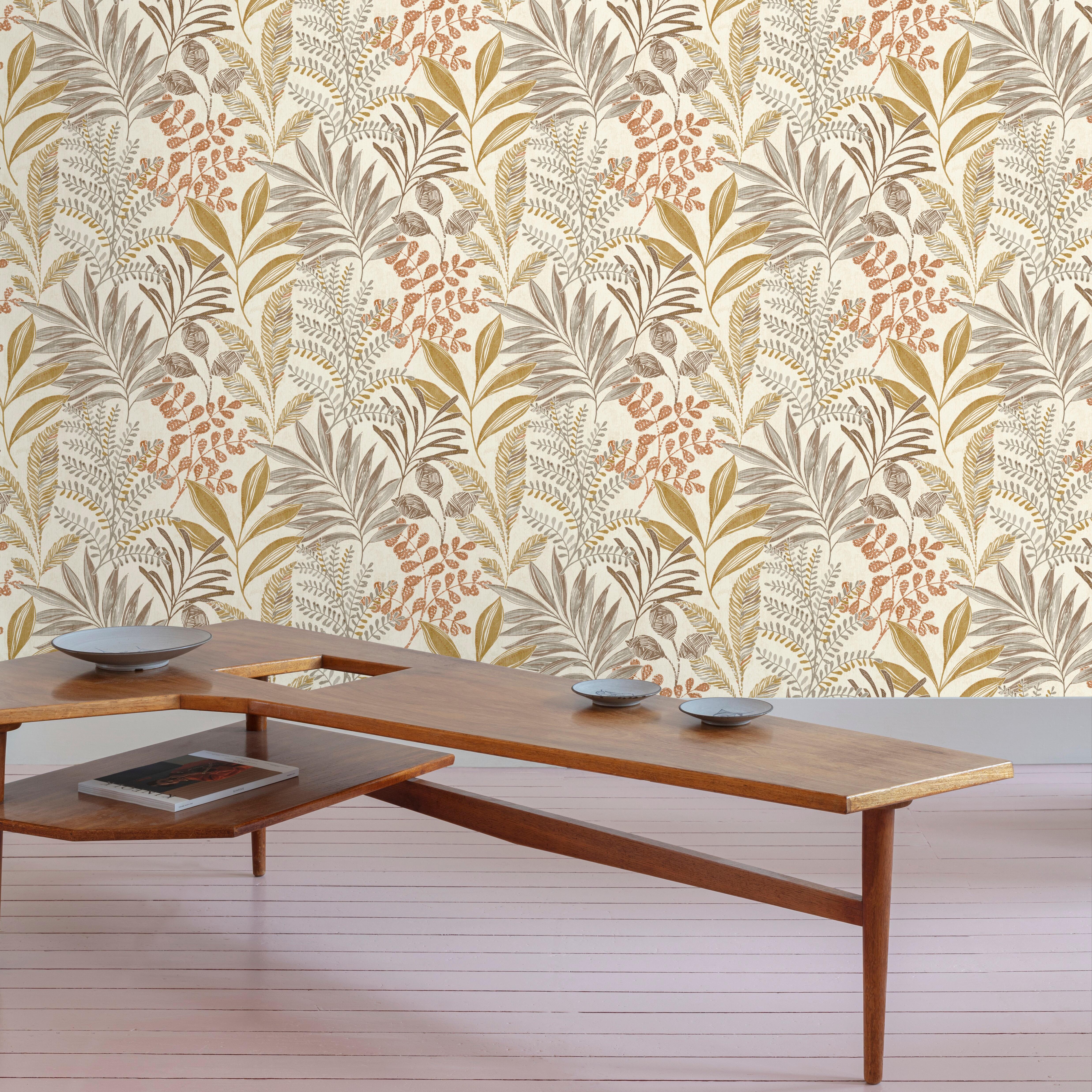 Papel pintado vinilo aplicación cola en pared Naturaleza Jardín ocre amarillo  GRANDECO 53cmx10.06m lavable - 8