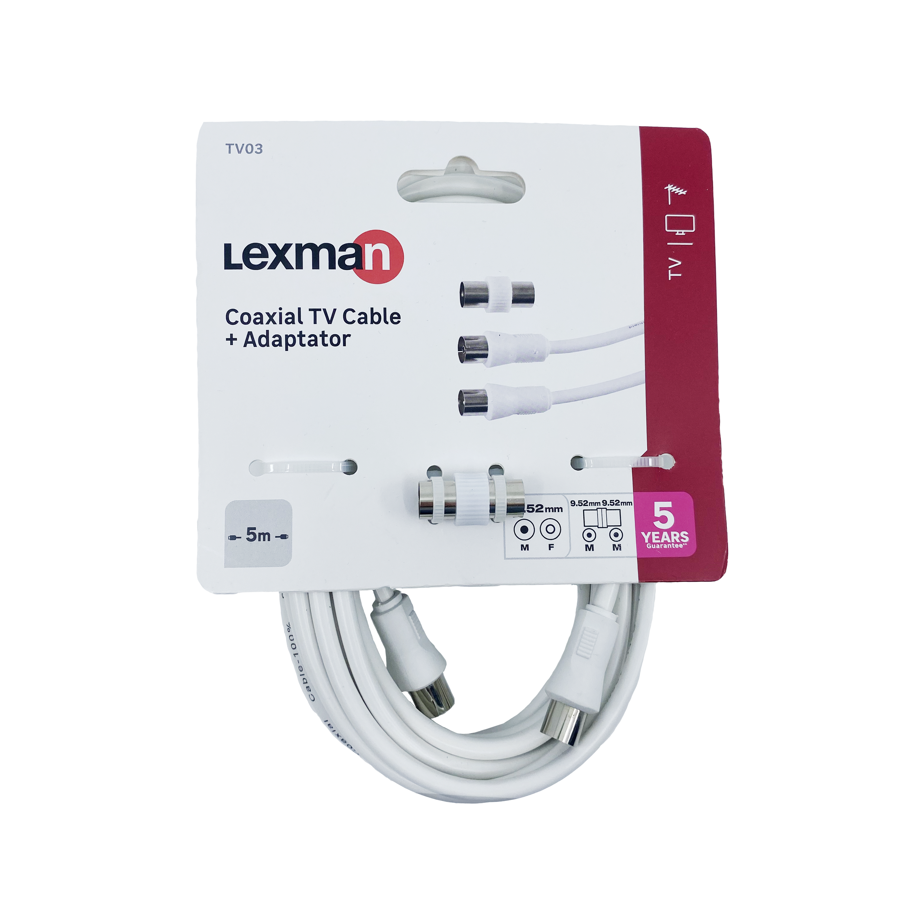 Cordon coaxial 9.5mm, mâle/femelle, 5m + adaptateur, Lexman - 3