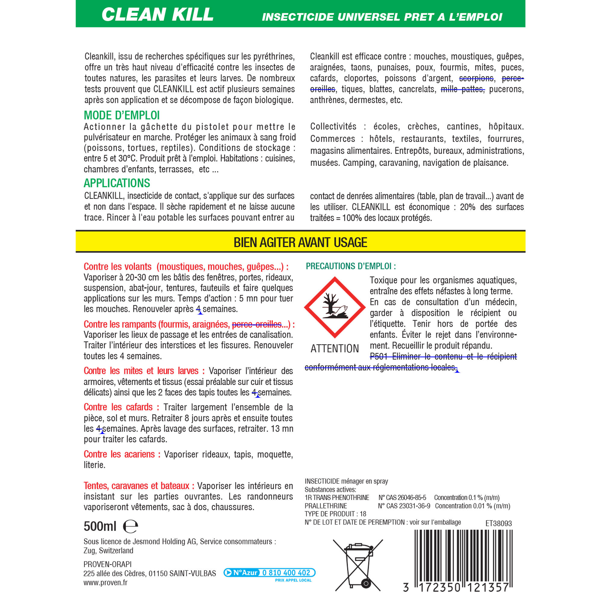 Insecticide universel pour insectes volants et rampants, CLEAN KILL, 0,5L - 4