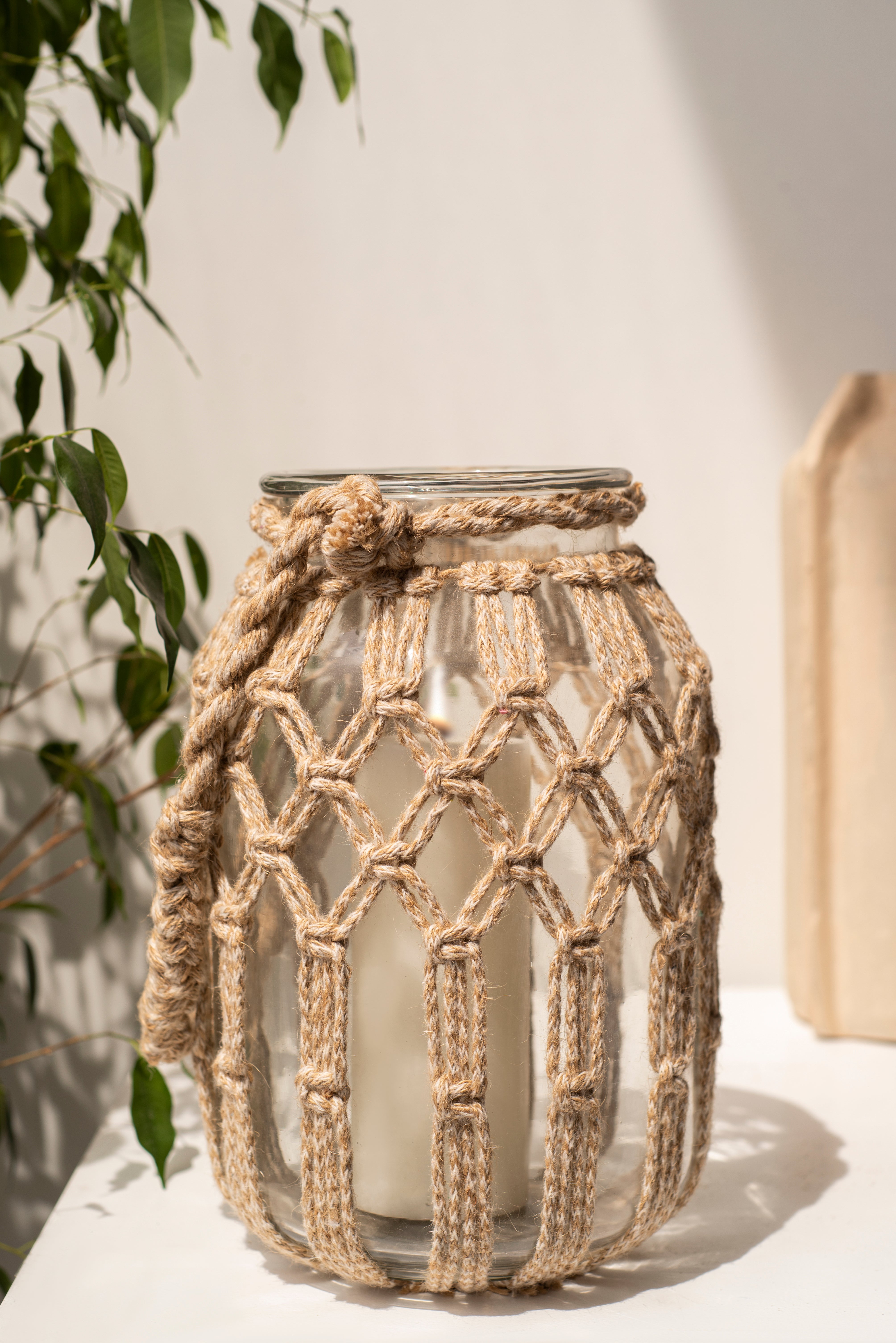 Farol portavela Cristal / Algodón marrón 32x20x20 cm - 2