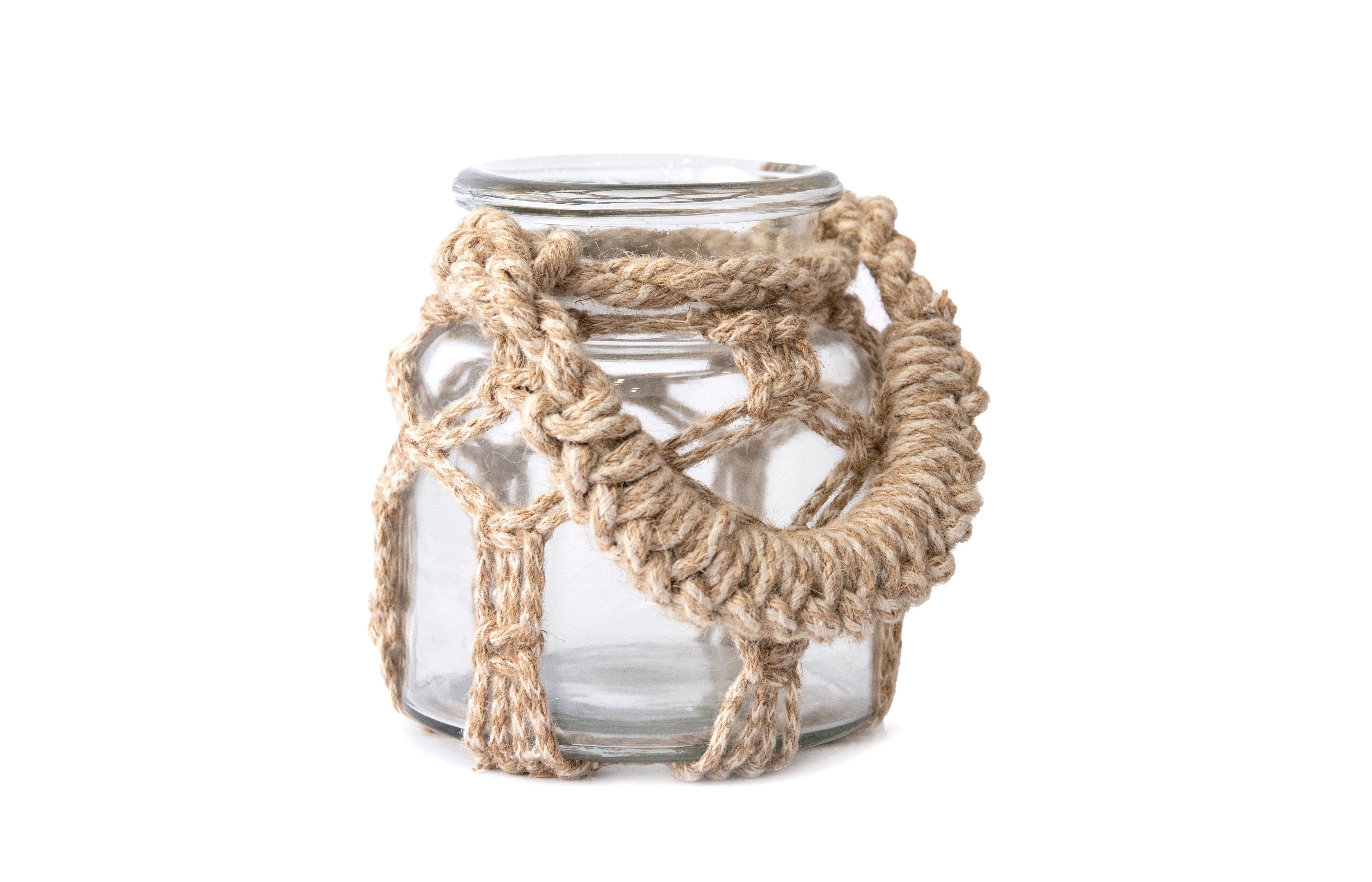 Farol portavela cristal / yute marrón 16,5x14x14 cm