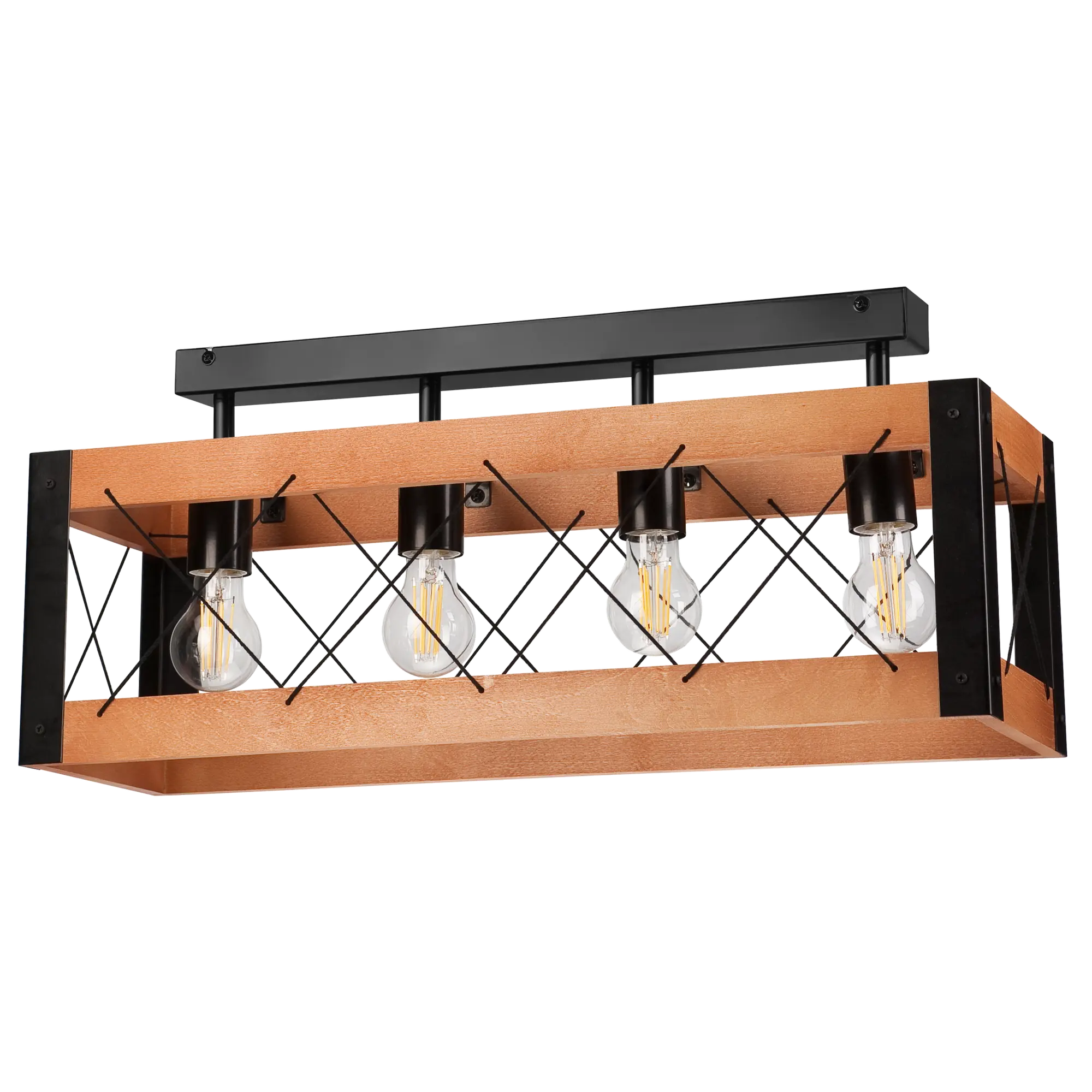 Lampa sufitowa Frida czarna z rustykalnym drewnem 4 x E27 Lamkur