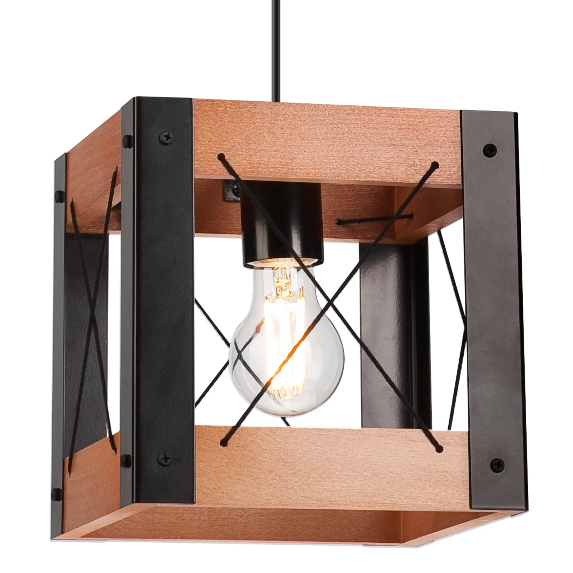 Lampa wisząca Frida czarna z rustykalnym drewnem E27 Lamkur - 6