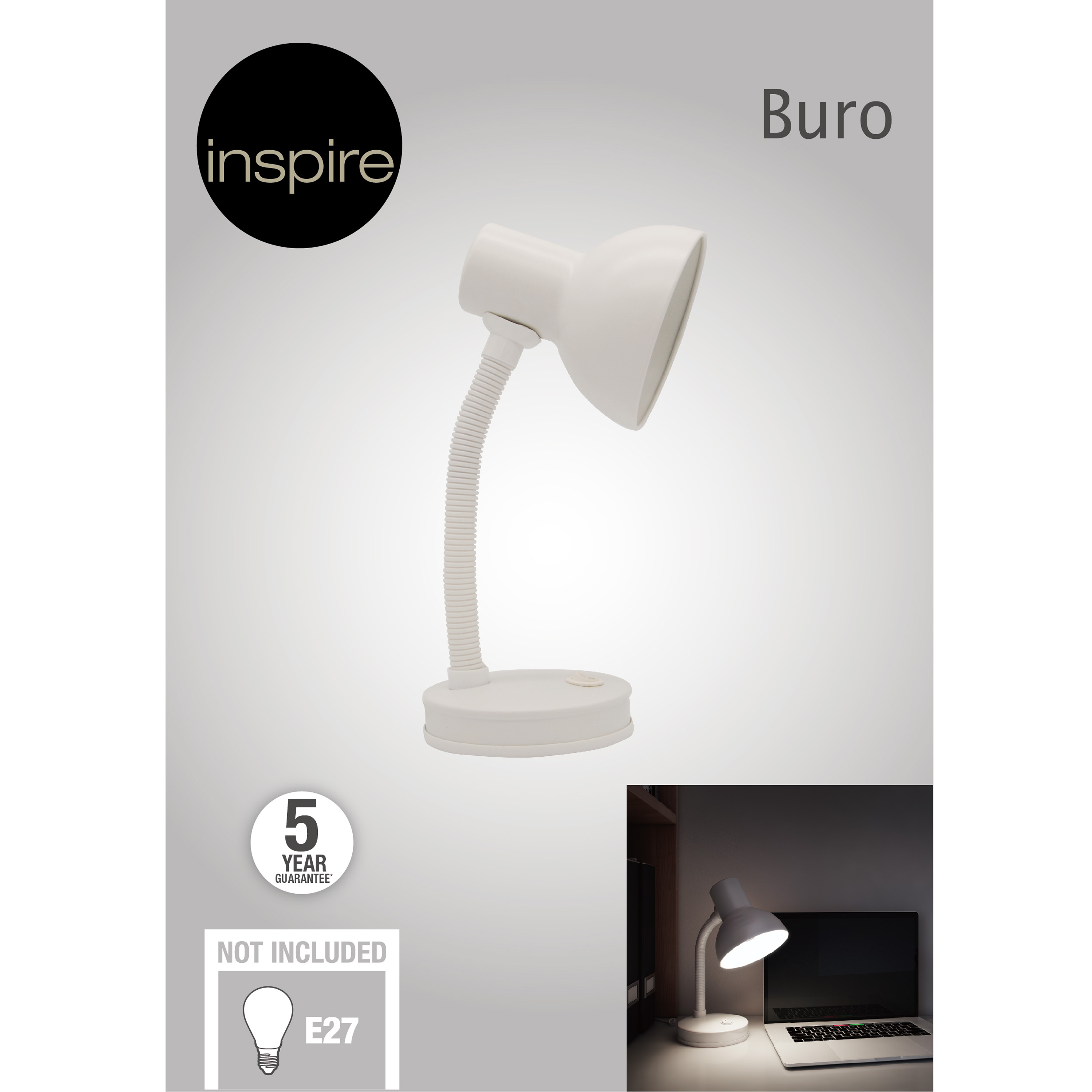 Lampe de bureau Buro, acier, blanc, H.32 cm INSPIRE, E27 - 6